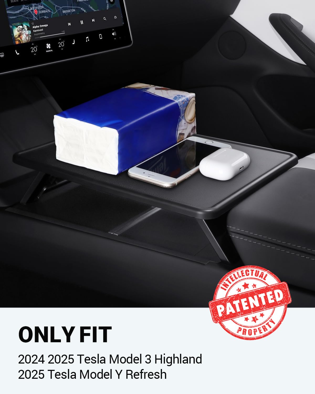 BASENOR Upgrade Tesla Model 3/Y Center Console Table Tray Anti-Slip Foldable Car Food Eating Laptop Desk for Road Trips, Model 3 Highland Interior Accessories 2024 2025 & Model Y 2025 Juniper