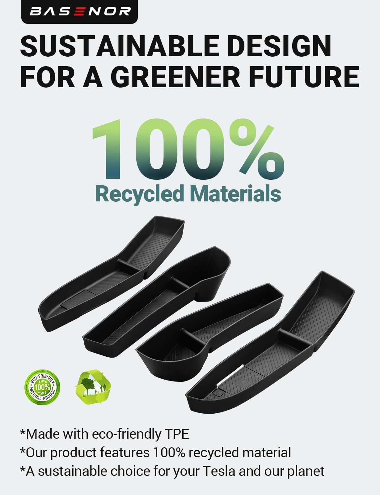 BASENOR 2025 2024 Tesla Model 3 Door Side Storage Box, Door Pocket Liners, TPE Front & Rear Side Organizer Tray Protector Liner for Model 3 Highland Refresh Accessories Set of 4