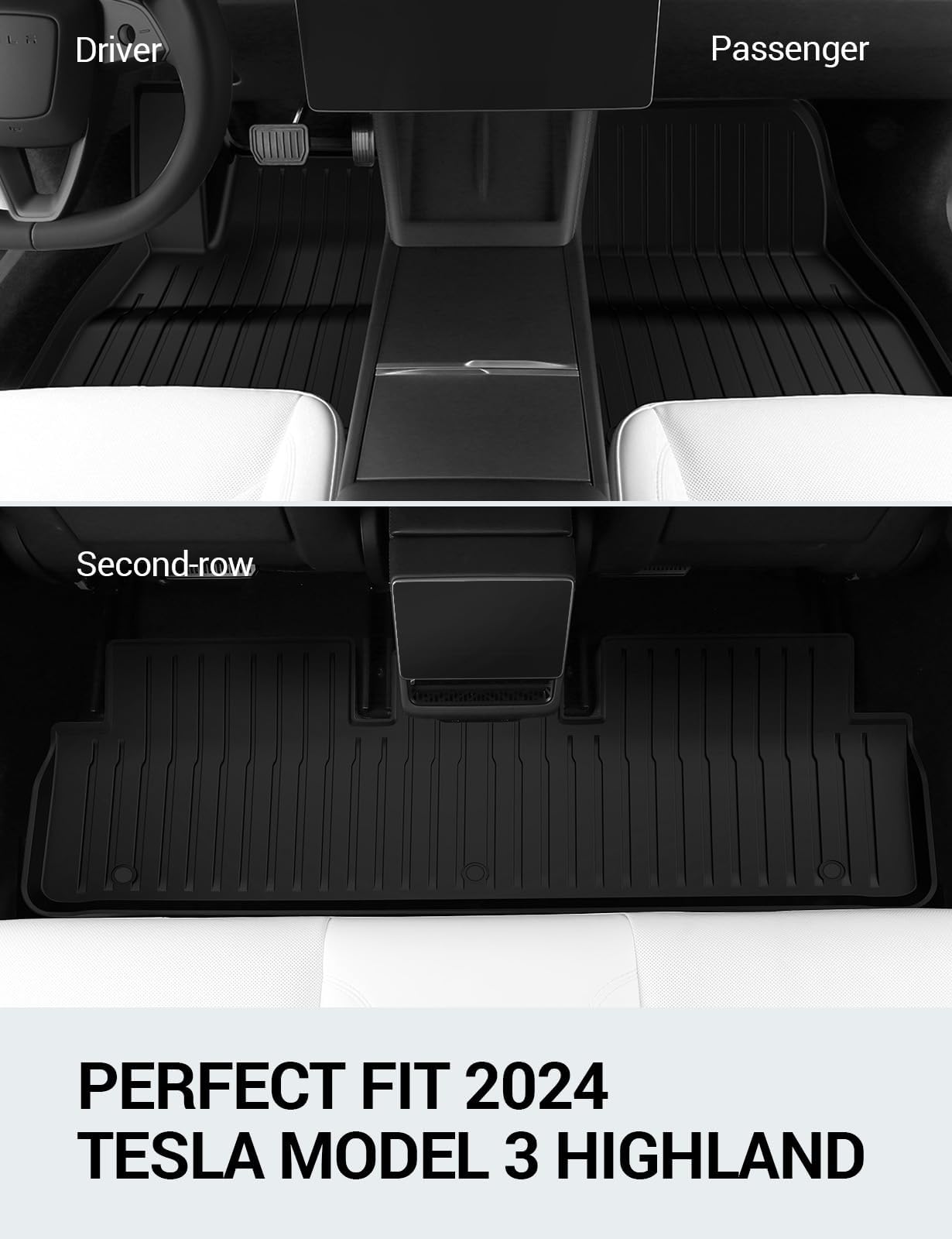 BASENOR Upgraded Tesla Model 3 Floor Mats Set All Weather Waterproof TPE Floor Mat Heavy Duty Interior Liners Front Rear Cargo Liner Model 3 Accessories Highland 2024 2025 6PCS