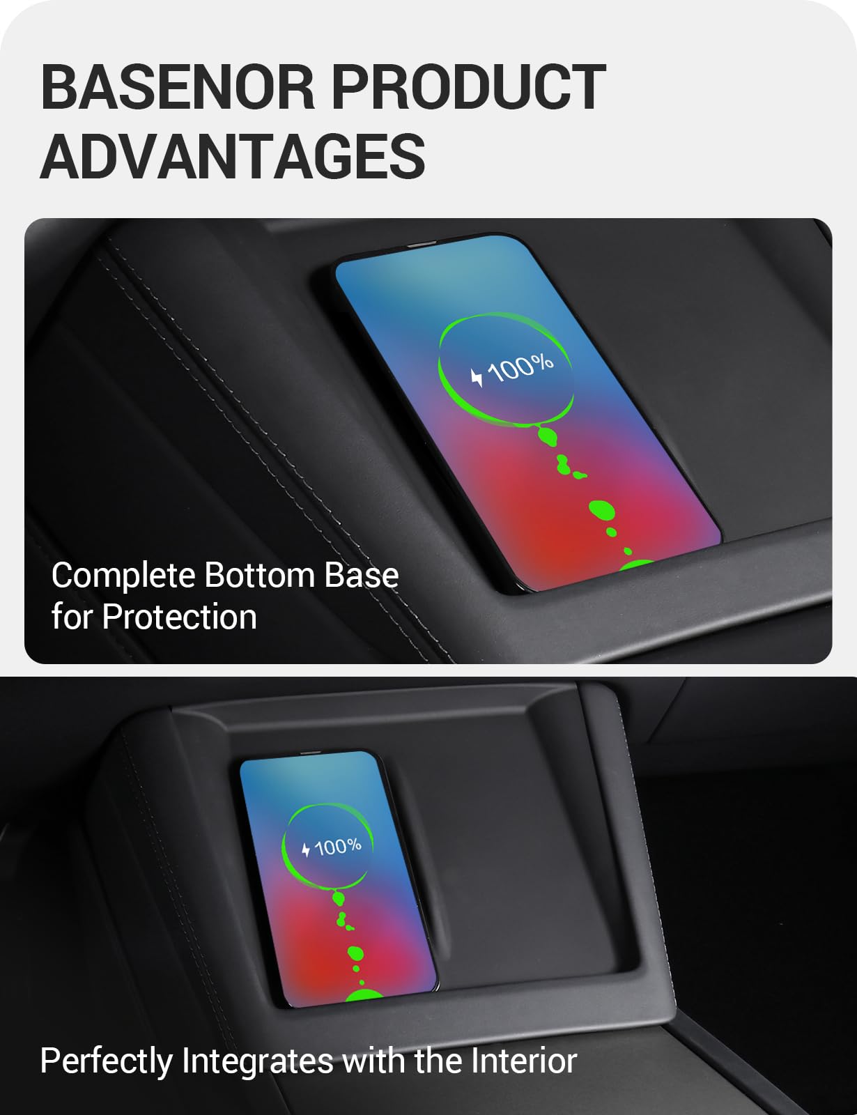 BASENOR Upgrade Center Console Wireless Charger Mat for 2024 2025 Model 3 Highland Silicone Cover Wireless Charging Phone Pad Interior Accessories