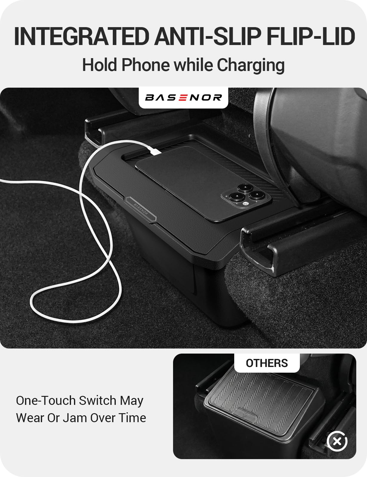 BASENOR rear console organizer snap-lock installation on Model Y Juniper seat rail