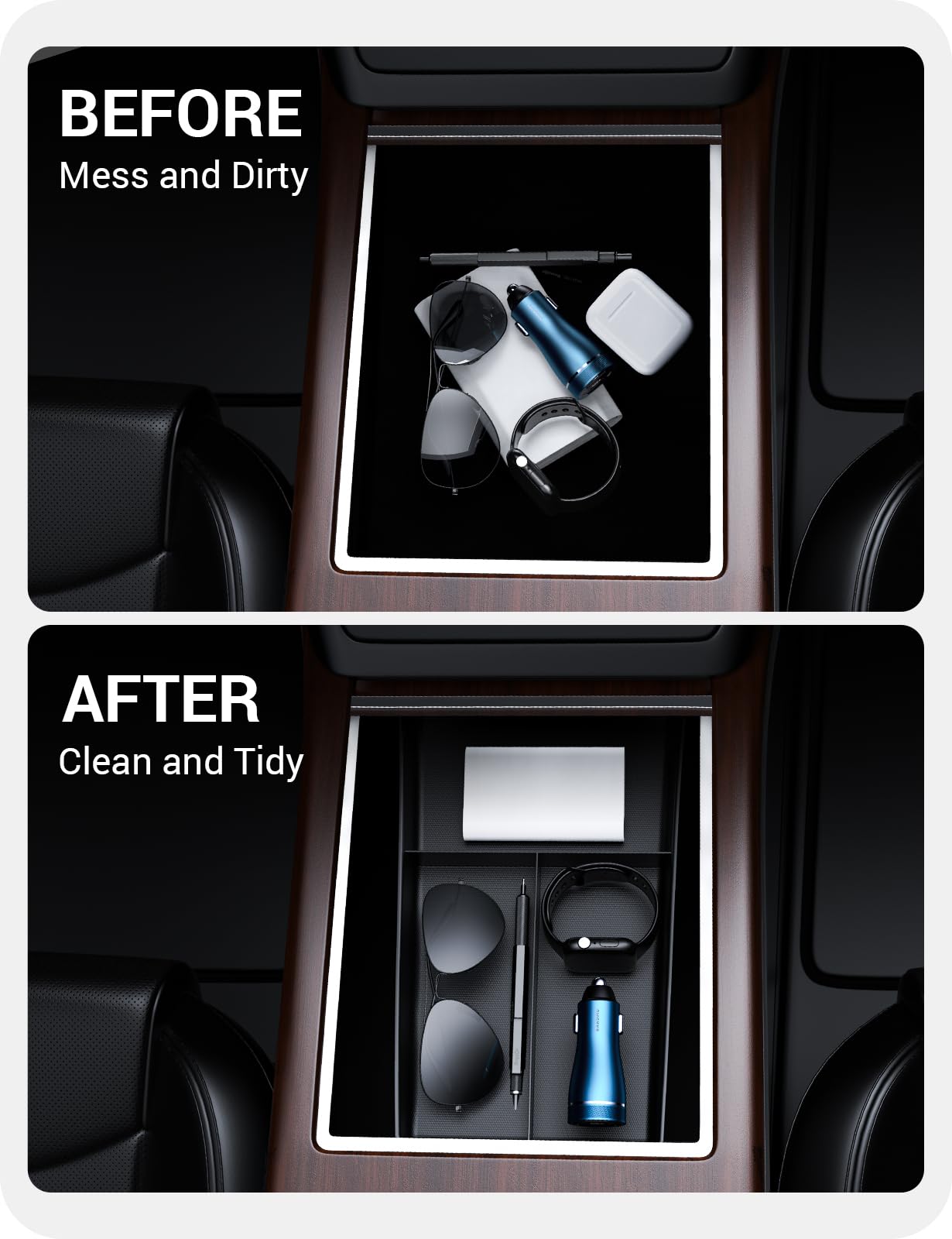 BASENOR 2022-2026 Tesla Model S Model X Lower Center Console Organizer Tray, Insert Compartment Under Cupholder Interior Accessories Storage, Fit Model S/Model X Refresh Plaid Long Range