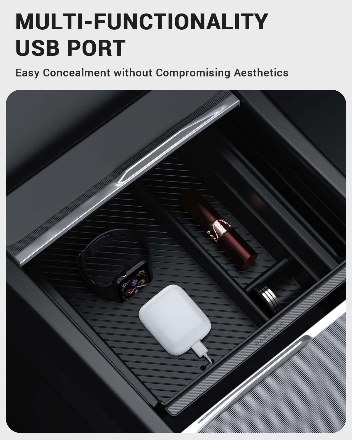 BASENOR Center Console Organizer Tray (Carbon Edition) Compatible with Tesla Model 3 Highland 2024 2025 Tesla Model Y 2025 Refresh (Juniper), Hidden Storage Box Interior Accessories