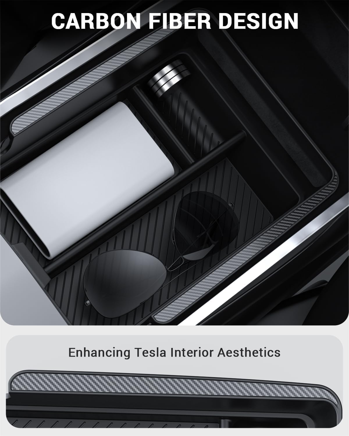 BASENOR Upgraded Tesla Model Y Model 3 Armrest Console Organizer (Carbon Edition) Armrest Storage Box Compatible with Tesla Model Y 2021-2024 Tesla Model 3 2021-2023 Interior Accessories
