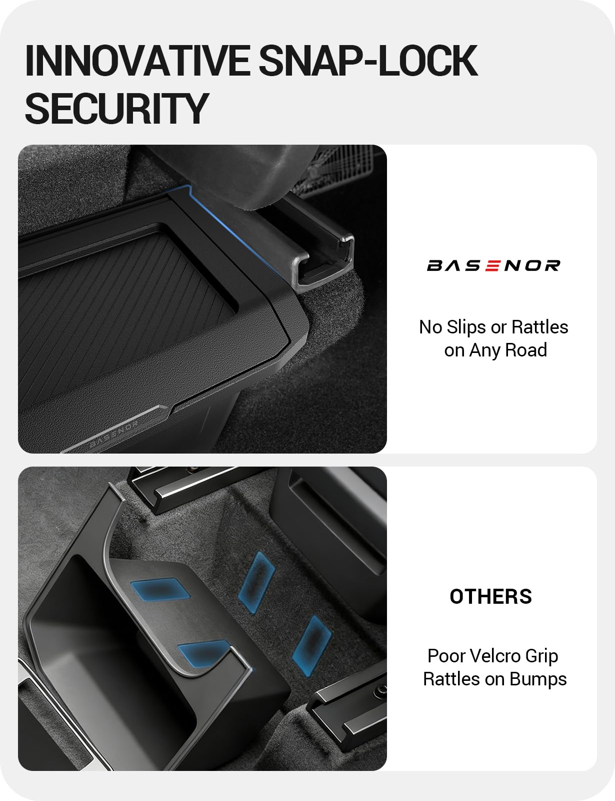 BASENOR Model Y Juniper rear console storage box side angle view