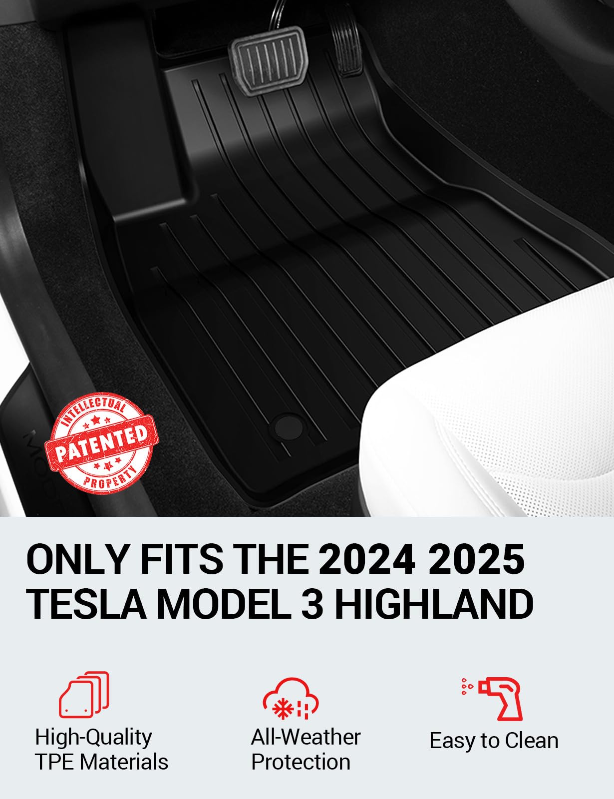 BASENOR Upgraded Tesla Model 3 Floor Mats Set All Weather Waterproof TPE Floor Mat Heavy Duty Interior Liners Front Rear Cargo Liner Model 3 Accessories Highland 2024 2025 6PCS