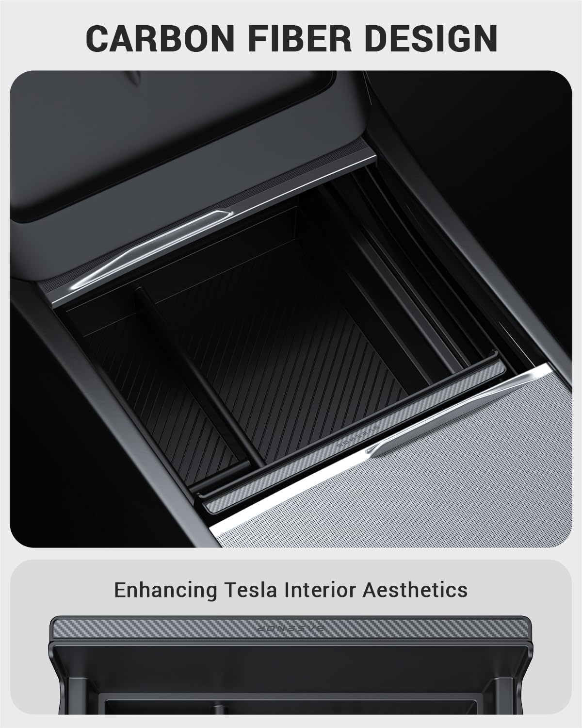 BASENOR Center Console Organizer Tray (Carbon Edition) Compatible with Tesla Model 3 Highland 2024 2025 Tesla Model Y 2025 Refresh (Juniper), Hidden Storage Box Interior Accessories