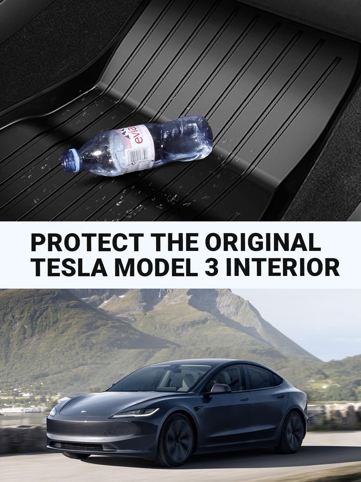 BASENOR Upgraded Tesla Model 3 Floor Mats Set All Weather Waterproof TPE Floor Mat Heavy Duty Interior Liners Front Rear Cargo Liner Model 3 Accessories Highland 2024 2025 6PCS