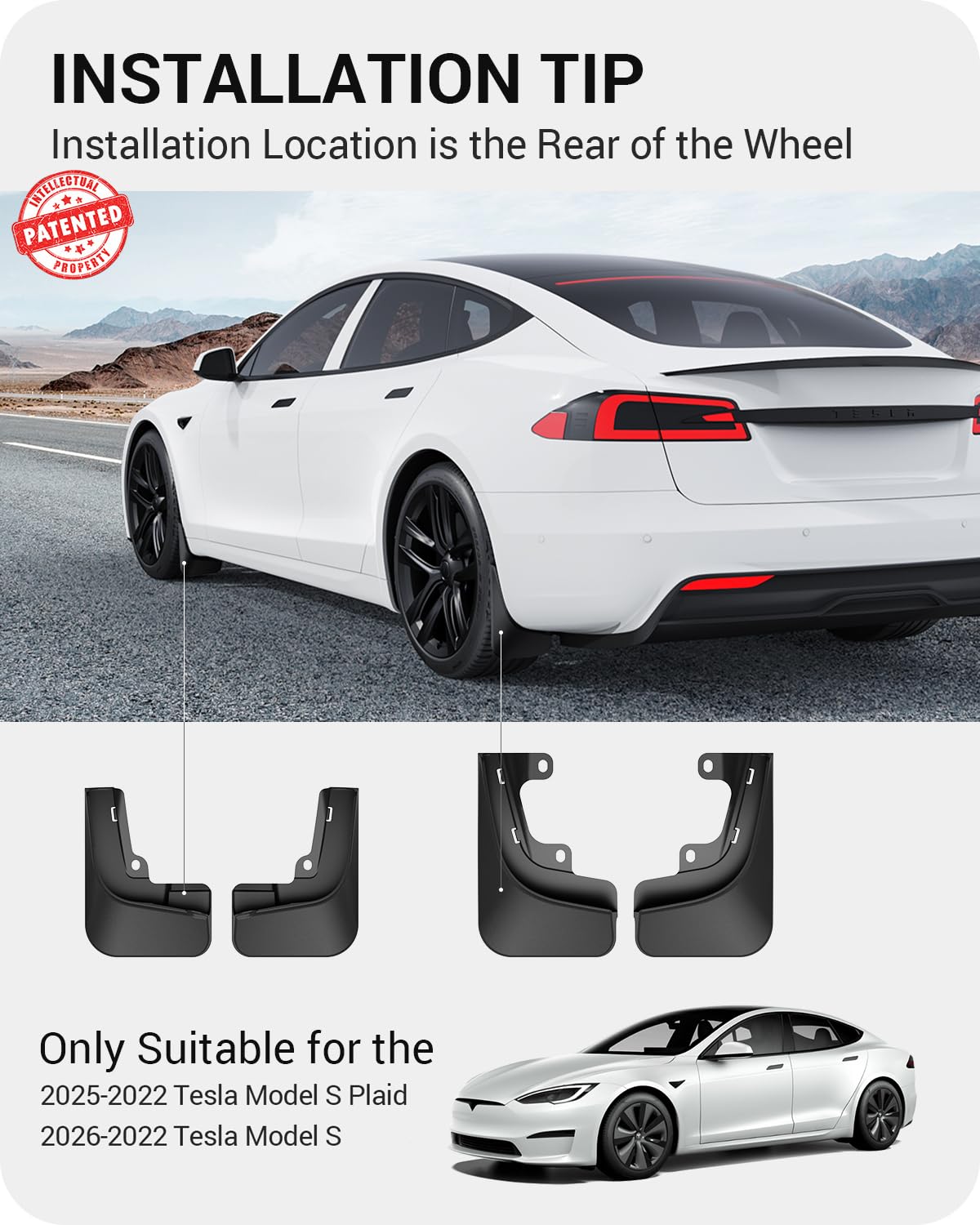 BASENOR Upgraded 2022-2026 Tesla Model S/Model S Plaid Mud Flaps Splash Guards No Drilling No Tape Mudguards All Weather Protector Mudguards for Model S Exterior Accessories (Set of 4)