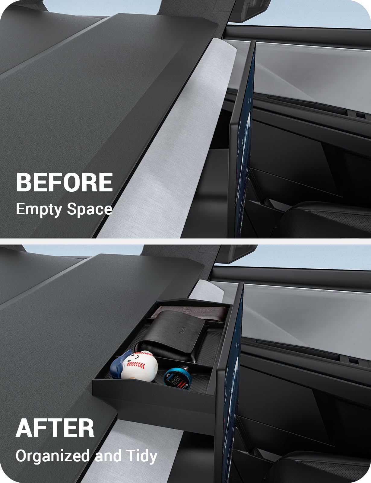 BASENOR Upgraded Center Console Organizer Dashboard Hidden Storage Box for Cybertruck Behind Screen Storage Tray Sunglasses Holder for 2024 2025 Tesla Cybertruck Accessories