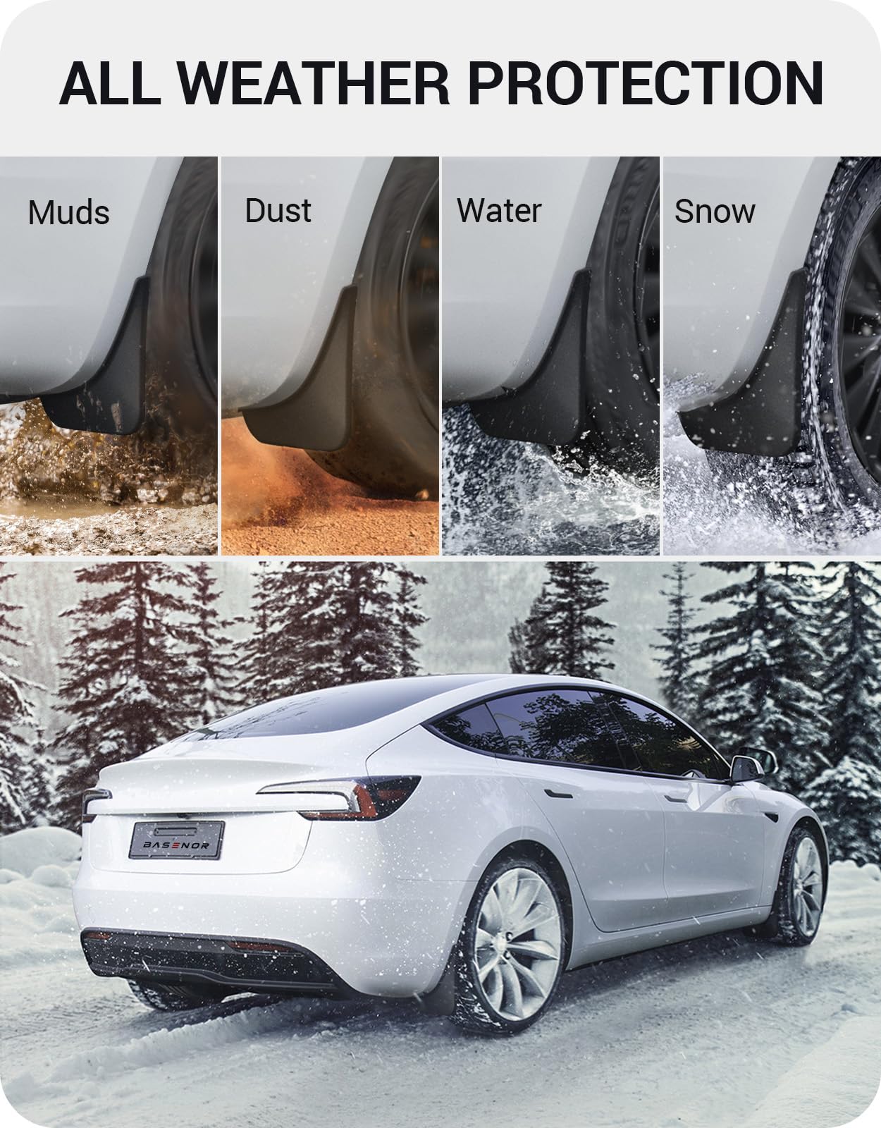 BASENOR Upgraded 2024 2025 Tesla Model 3 Highland Mud Flaps Splash Guards Fenders No Drilling No Tape Mudflaps All Weather Protector Mudguards for Tesla Model 3 Exterior Accessories (Set of 4)