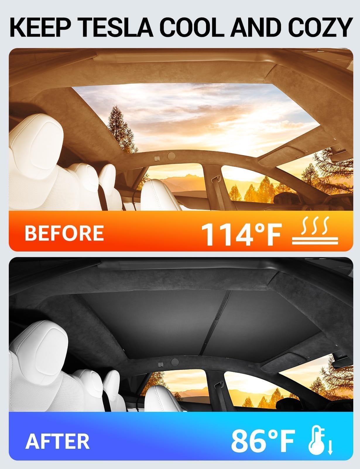 BASENOR Tesla Model S Glass Roof Sunshade - UV Protection, Foldable Sunroof Sunshade, Top Window Sun Shades, Heat Isolate, Split Type, Upgraded Black