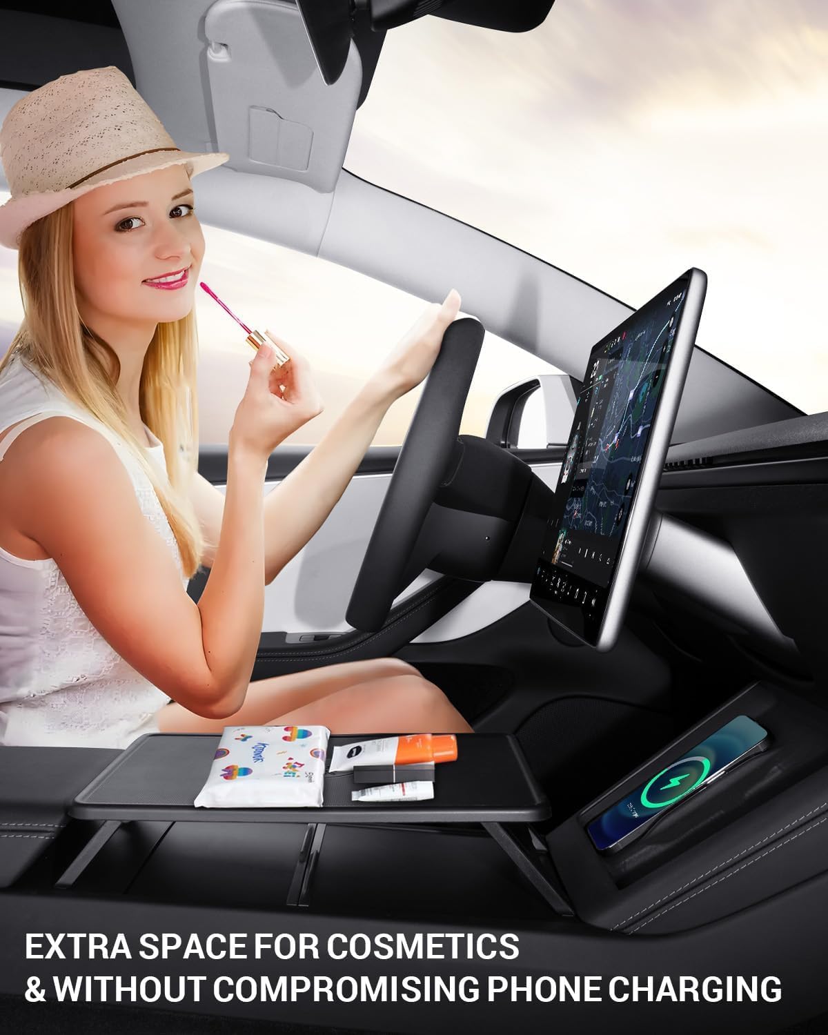 BASENOR Upgrade Tesla Model 3/Y Center Console Table Tray Anti-Slip Foldable Car Food Eating Laptop Desk for Road Trips, Model 3 Highland Interior Accessories 2024 2025 & Model Y 2025 Juniper