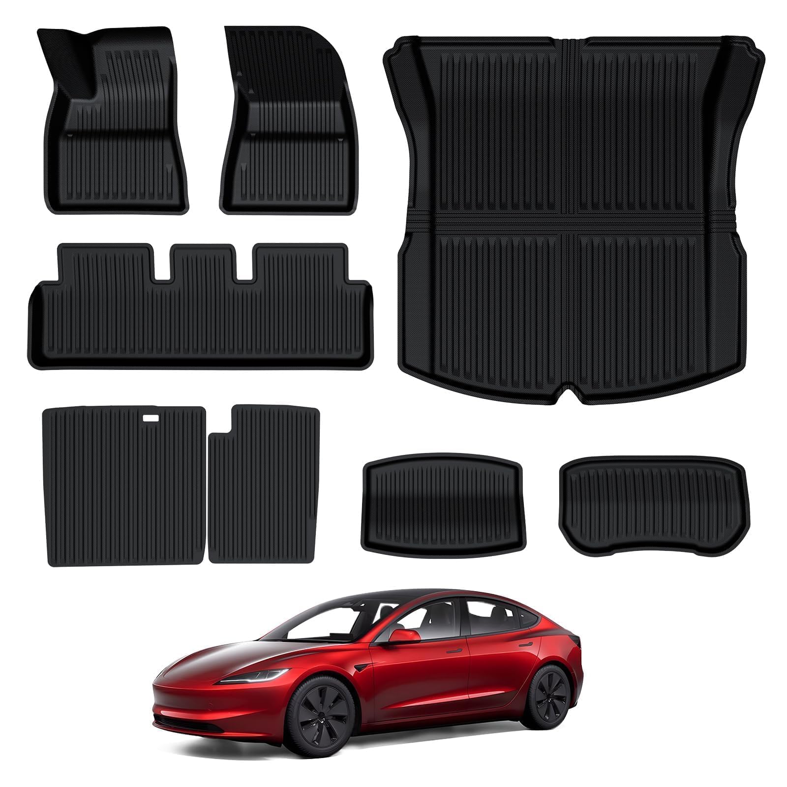 BASENOR 8PCS Floor Mats for 2024 2025 Tesla Model 3, All-Weather 3D Material Cargo Car Trunk Mats Front Rear Cargo Liners for Model 3 Highland Accessories
