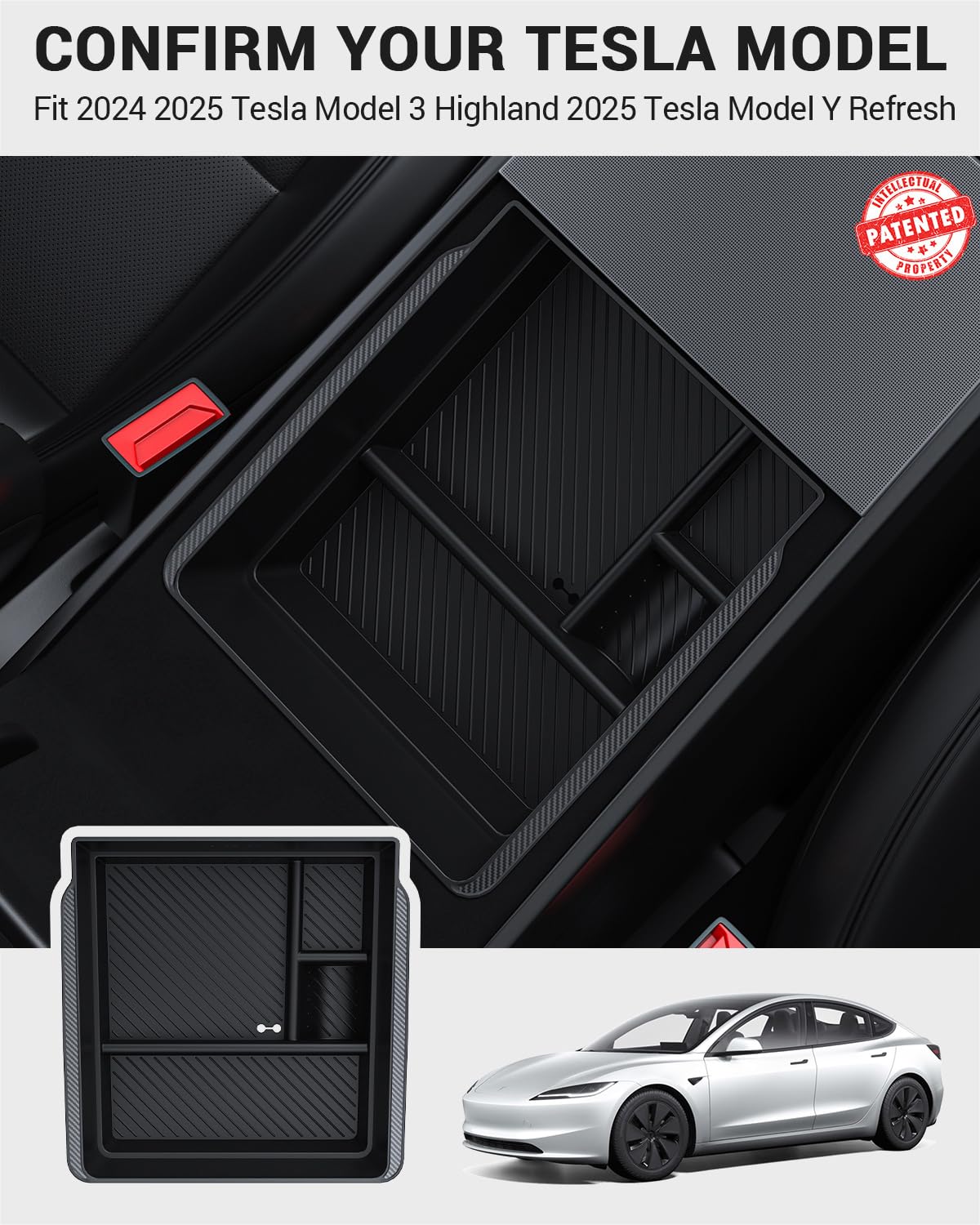BASENOR Armrest Console Organizer (Carbon Edition) for Tesla Model 3 Highland 2024 2025 Tesla Model Y 2025 Refresh (Juniper), Armrest Storage Box Tesla Refresh Interior Accessories