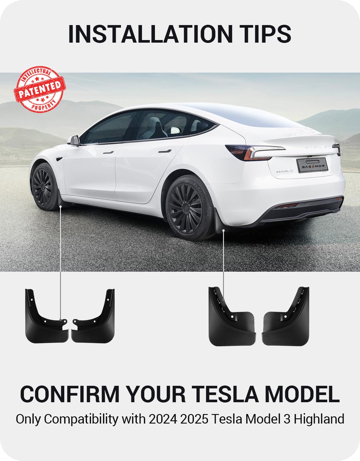 BASENOR Upgraded 2024 2025 Tesla Model 3 Highland Mud Flaps Splash Guards Fenders No Drilling No Tape Mudflaps All Weather Protector Mudguards for Tesla Model 3 Exterior Accessories (Set of 4)