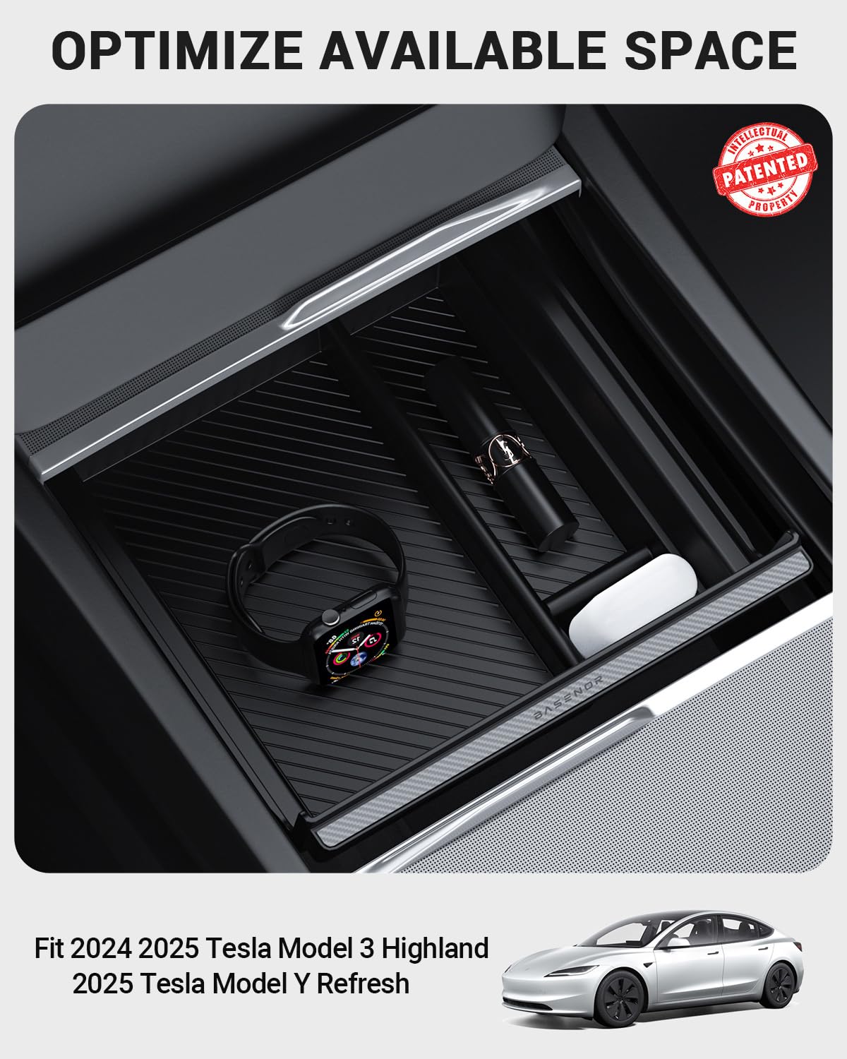 BASENOR Center Console Organizer Tray (Carbon Edition) Compatible with Tesla Model 3 Highland 2024 2025 Tesla Model Y 2025 Refresh (Juniper), Hidden Storage Box Interior Accessories