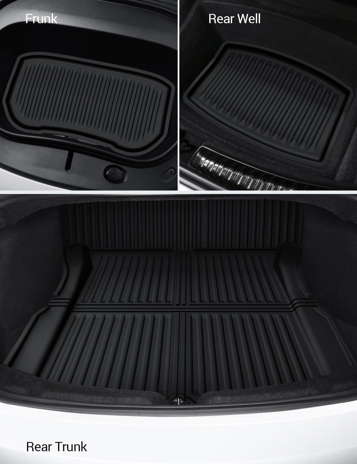 BASENOR 8PCS Floor Mats for 2024 2025 Tesla Model 3, All-Weather 3D Material Cargo Car Trunk Mats Front Rear Cargo Liners for Model 3 Highland Accessories