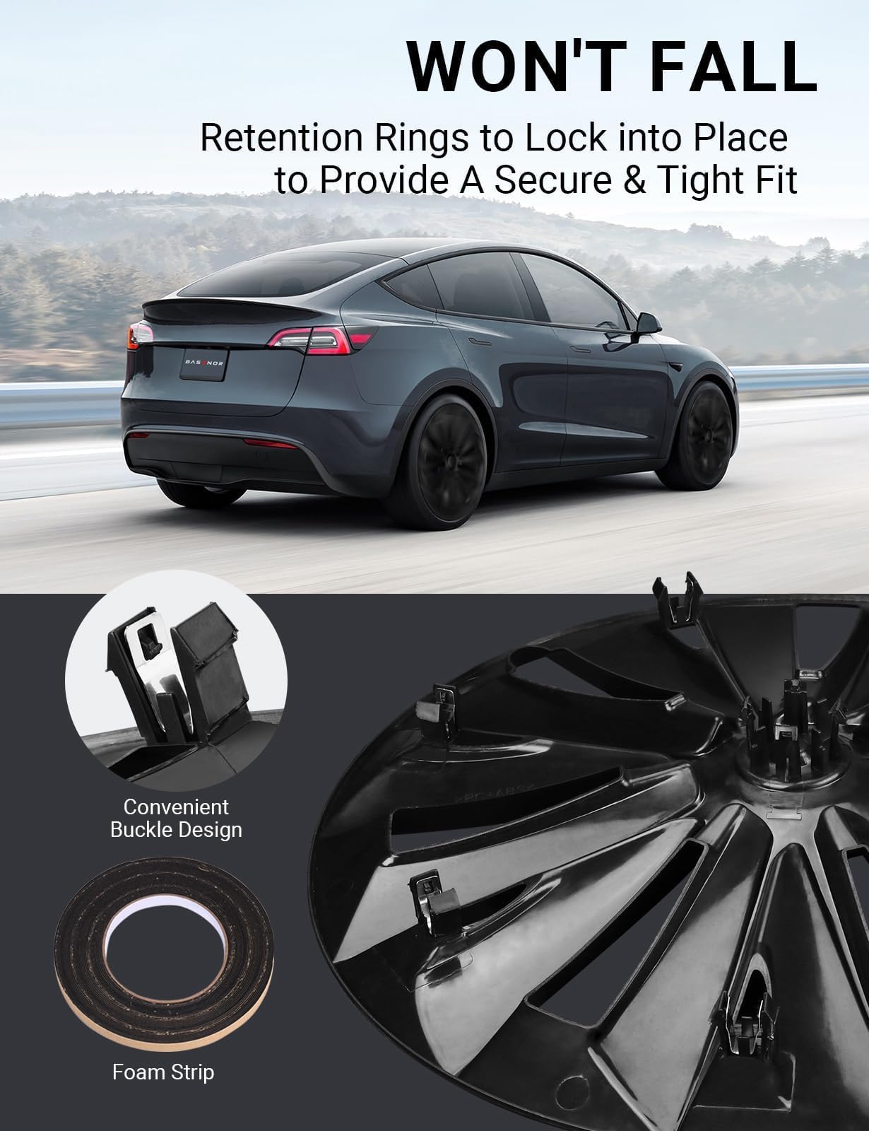 BASENOR Tesla Model Y Wheel Covers 19 Inch Hubcaps Replacement Hub Caps OEM Rim Protector Black Wheel Caps Car Protection for Tesla Exterior Accessories
