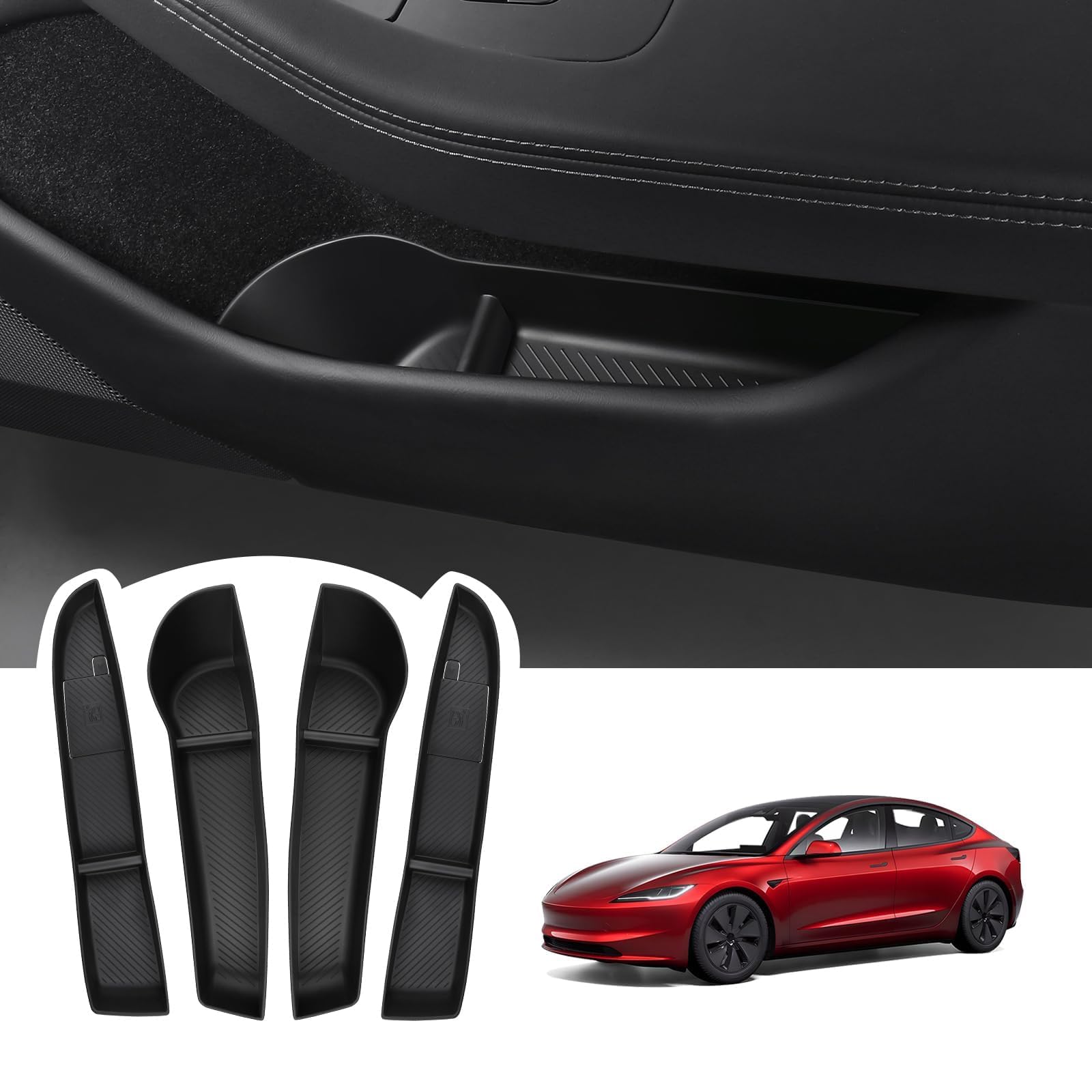 BASENOR 2025 2024 Tesla Model 3 Door Side Storage Box, Door Pocket Liners, TPE Front & Rear Side Organizer Tray Protector Liner for Model 3 Highland Refresh Accessories Set of 4