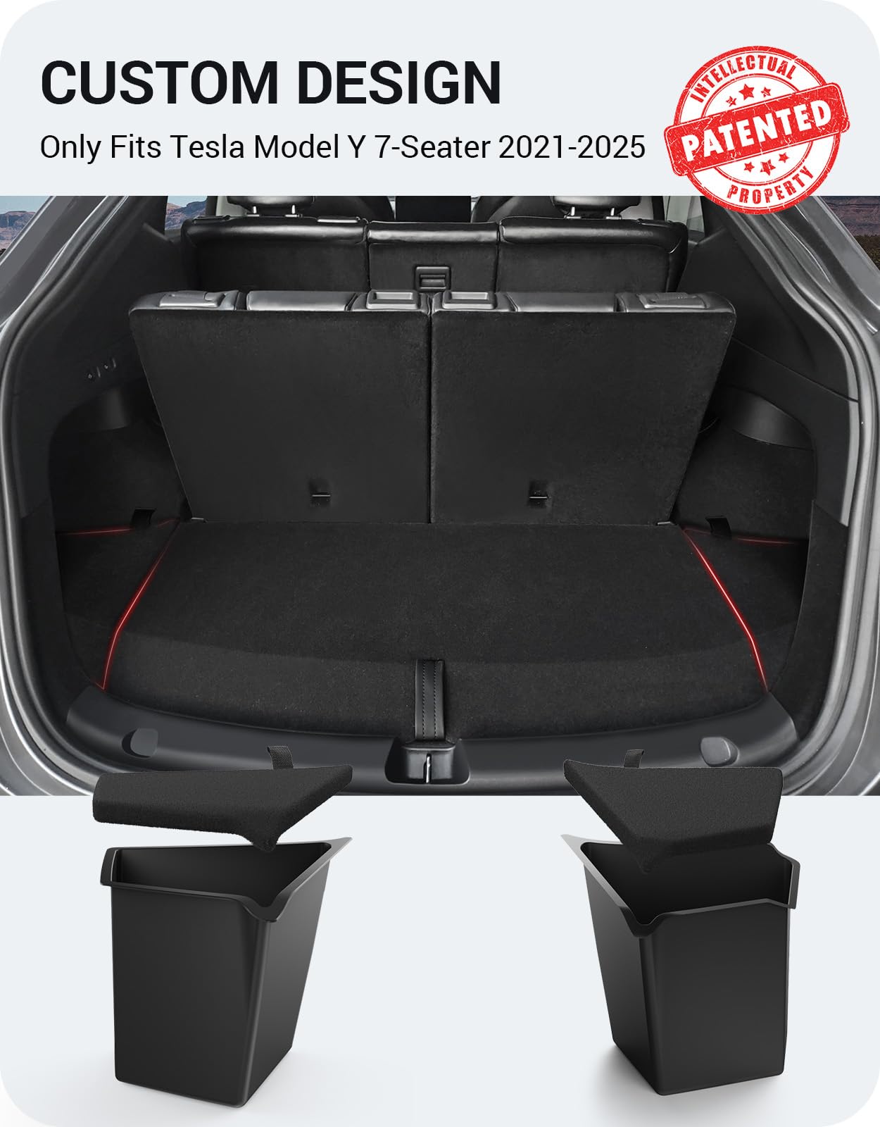 BASENOR 2021-2025 Tesla Model Y 7-Seater Trunk Storage Bins, Trunk Organizer with Carpeted Lid, Rear Trunk Side Storage Box for 7 Seat Model Y Interior Accessories