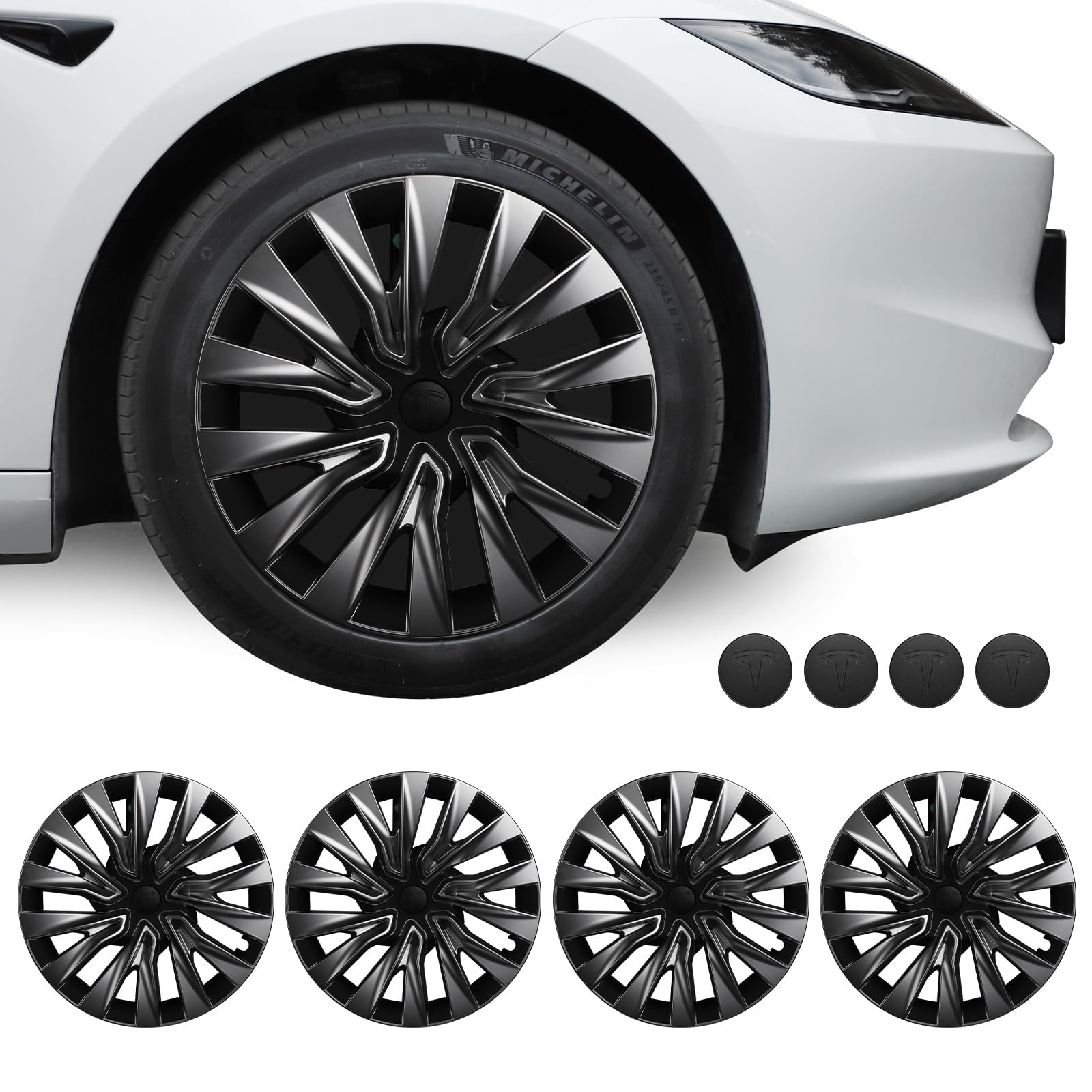 BASENOR 2025 Upgraded Tesla Model 3 Nova Wheel Covers Hubcaps 18 Inch Hub Caps Rim Protectors Cover Replacement Protection for 2024 2025 Model 3 Highland Accessories Silver (Set of 4)