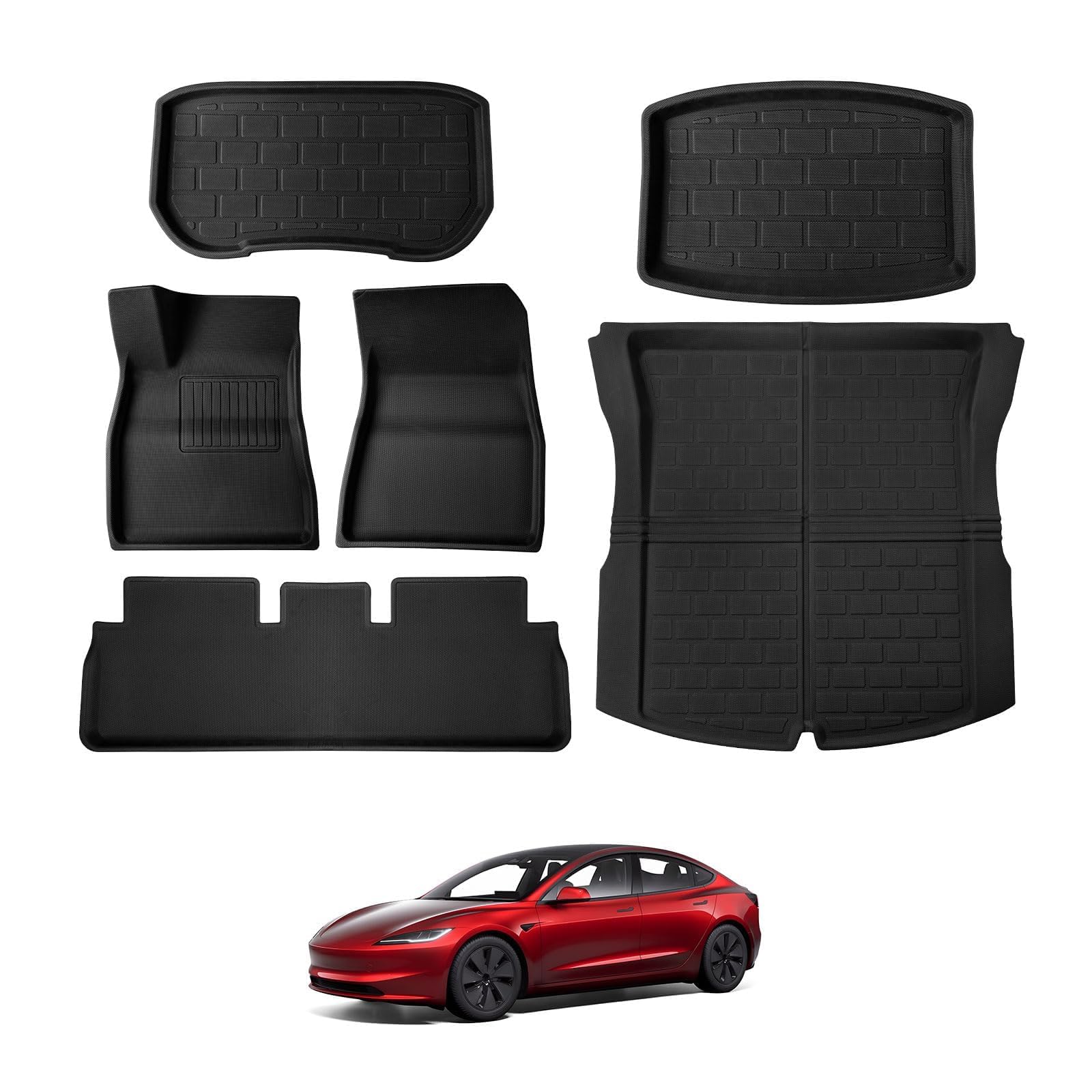 BASENOR 2025 Upgraded 6PCS Tesla Model 3 Floor Mats All-Weather Car Mats Anti-Slip 3D Material Cargo Liner Trunk Mat for 2024 2025 Model 3 Highland Accessories