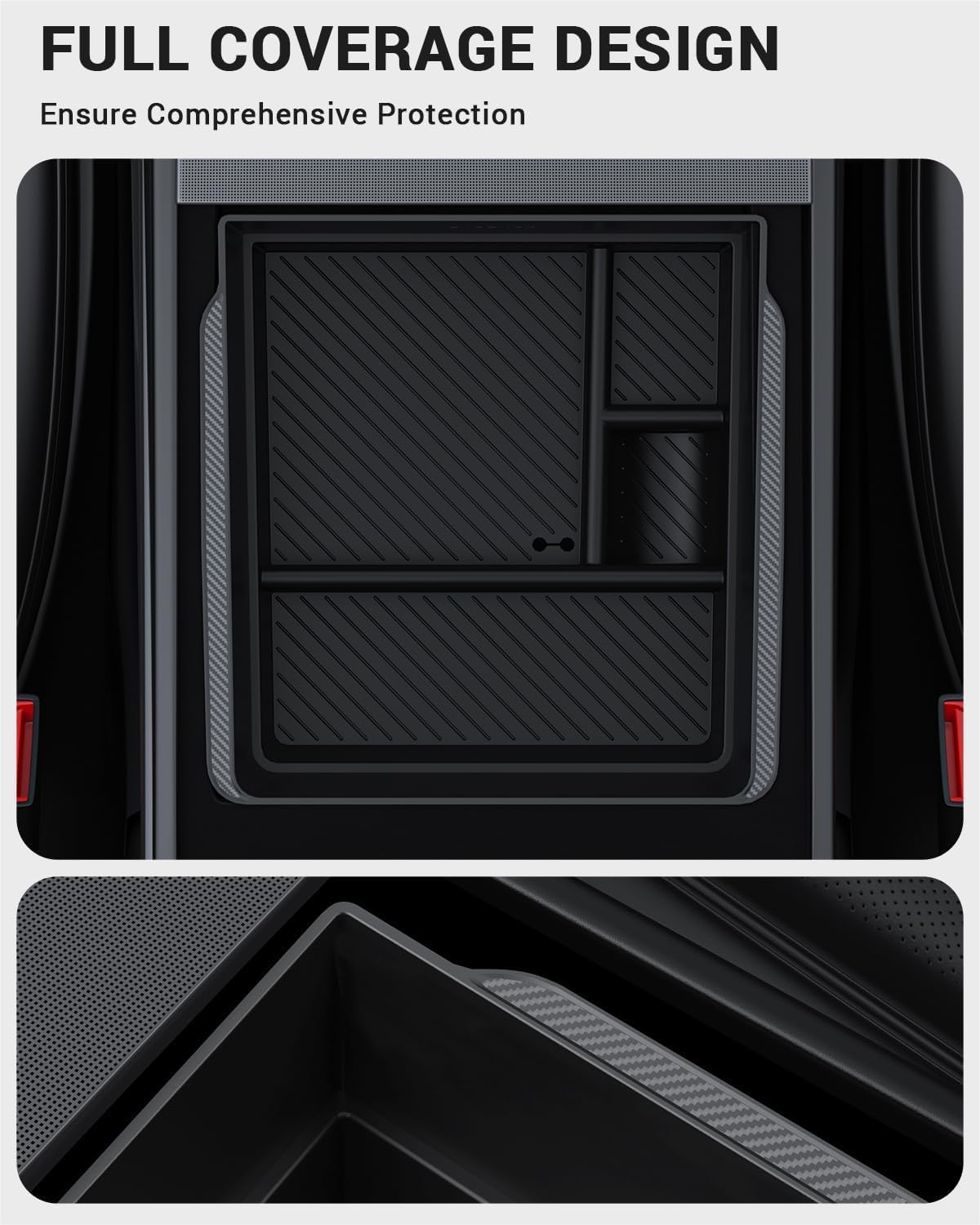 BASENOR Armrest Console Organizer (Carbon Edition) for Tesla Model 3 Highland 2024 2025 Tesla Model Y 2025 Refresh (Juniper), Armrest Storage Box Tesla Refresh Interior Accessories