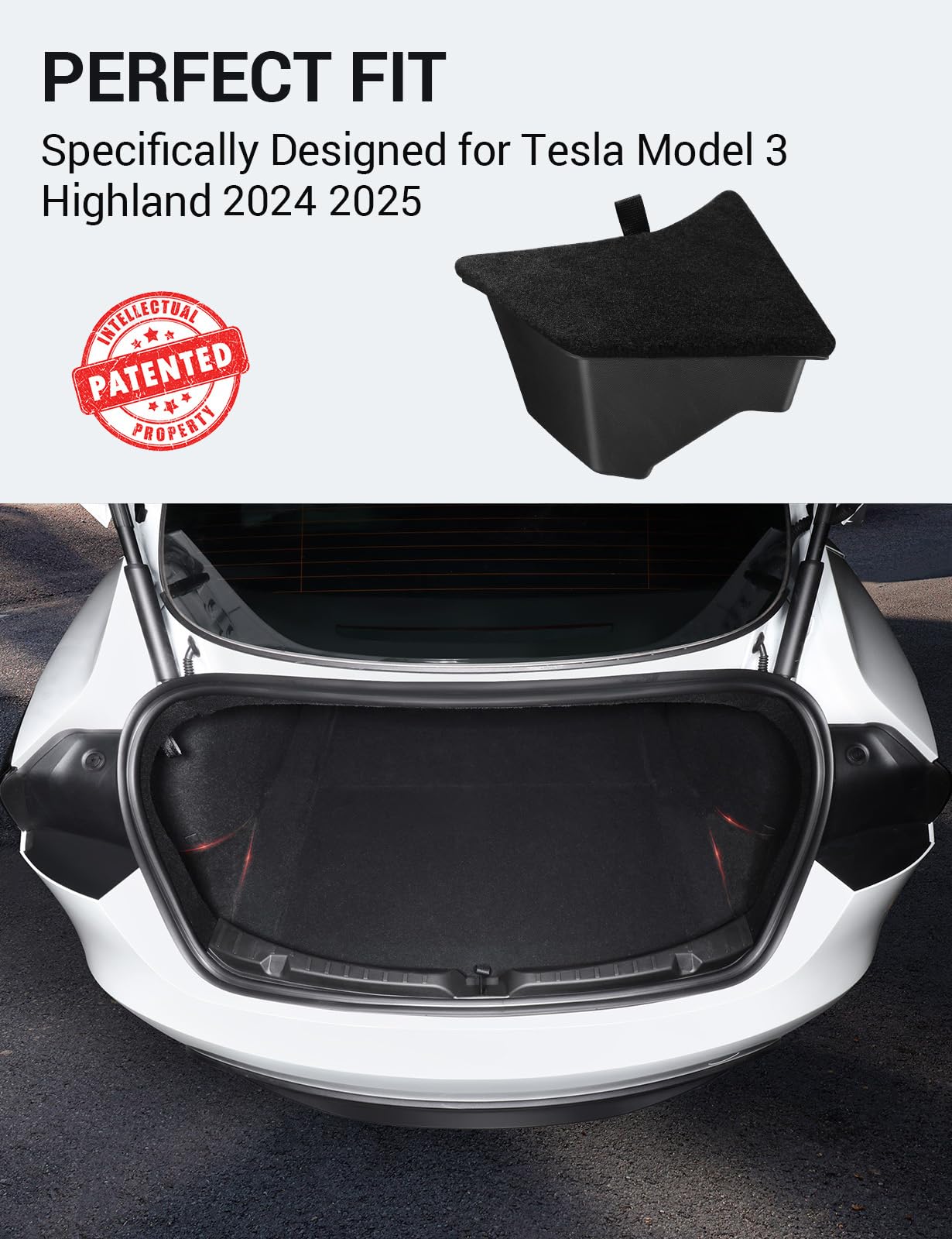 BASENOR 2025 Tesla Model 3 Highland Trunk Organizer Waterproof Rear Trunk Storage Bins Side Box with Carpeted Lip for 2025 2024 Model 3 Interior Accessories Set of 2