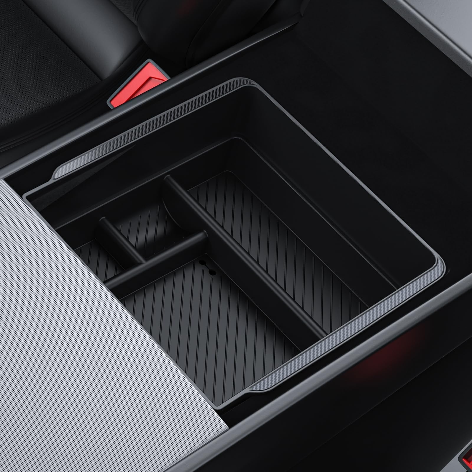 BASENOR Armrest Console Organizer (Carbon Edition) for Tesla Model 3 Highland 2024 2025 Tesla Model Y 2025 Refresh (Juniper), Armrest Storage Box Tesla Refresh Interior Accessories