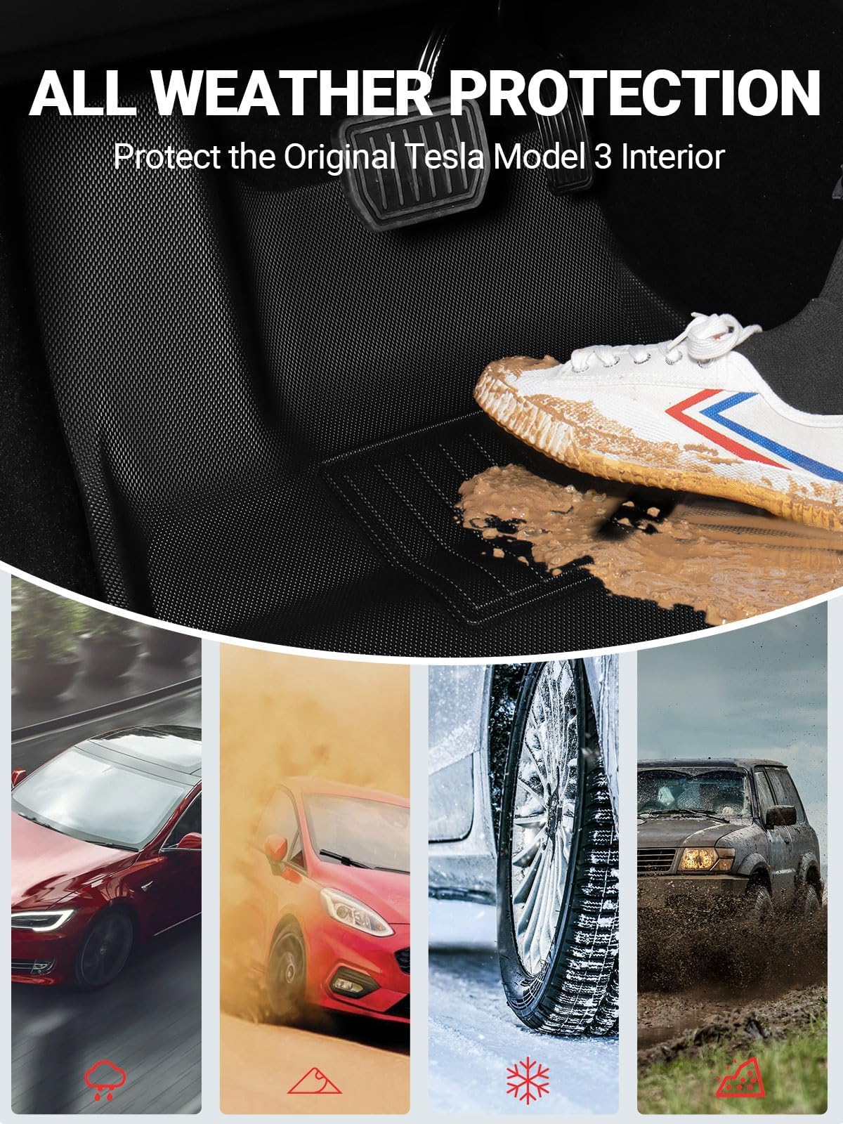 BASENOR 2025 Upgraded 6PCS Tesla Model 3 Floor Mats All-Weather Car Mats Anti-Slip 3D Material Cargo Liner Trunk Mat for 2024 2025 Model 3 Highland Accessories