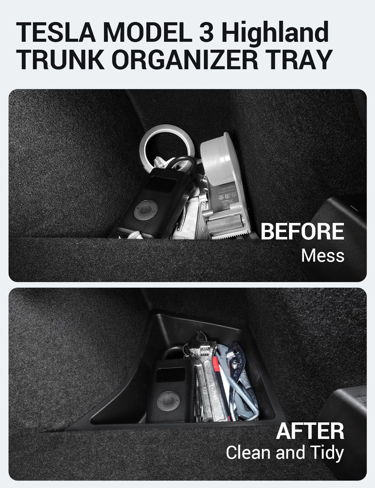 BASENOR 2025 Tesla Model 3 Highland Trunk Organizer Waterproof Rear Trunk Storage Bins Side Box with Carpeted Lip for 2025 2024 Model 3 Interior Accessories Set of 2