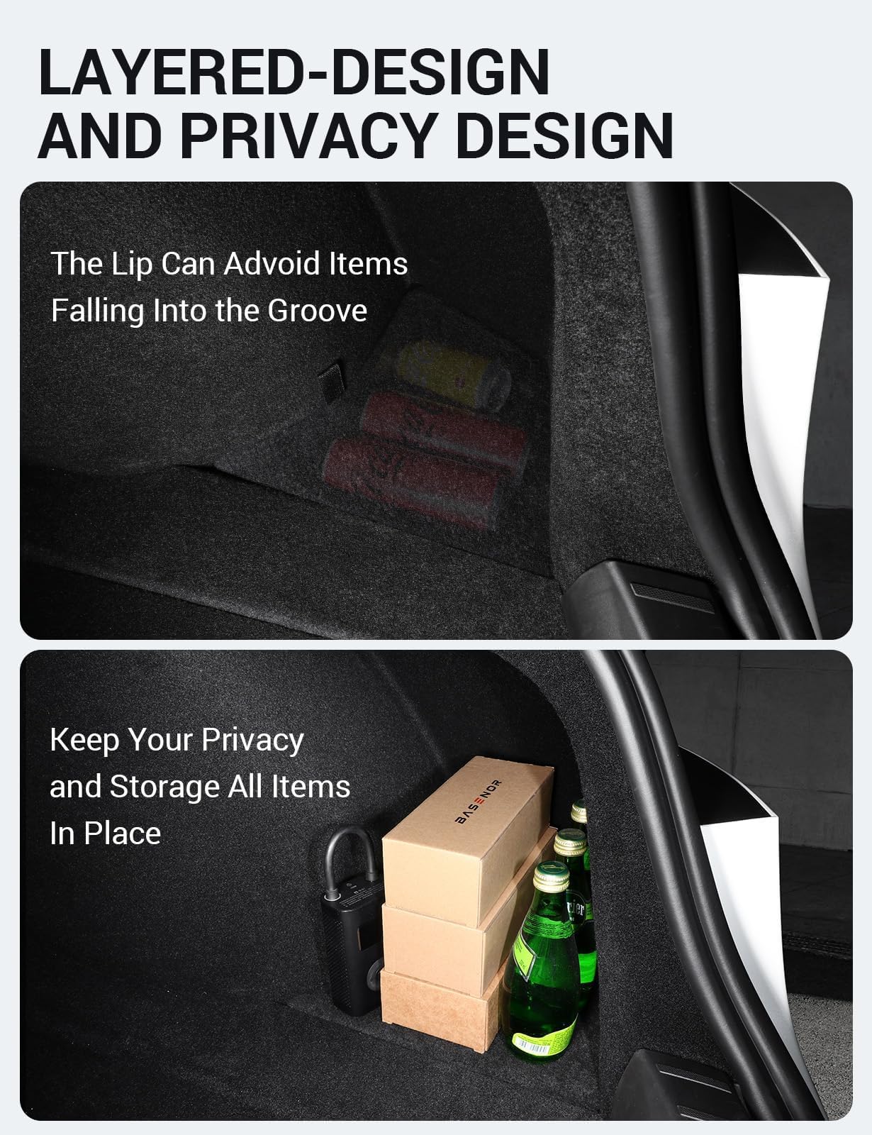 BASENOR 2025 Tesla Model 3 Highland Trunk Organizer Waterproof Rear Trunk Storage Bins Side Box with Carpeted Lip for 2025 2024 Model 3 Interior Accessories Set of 2