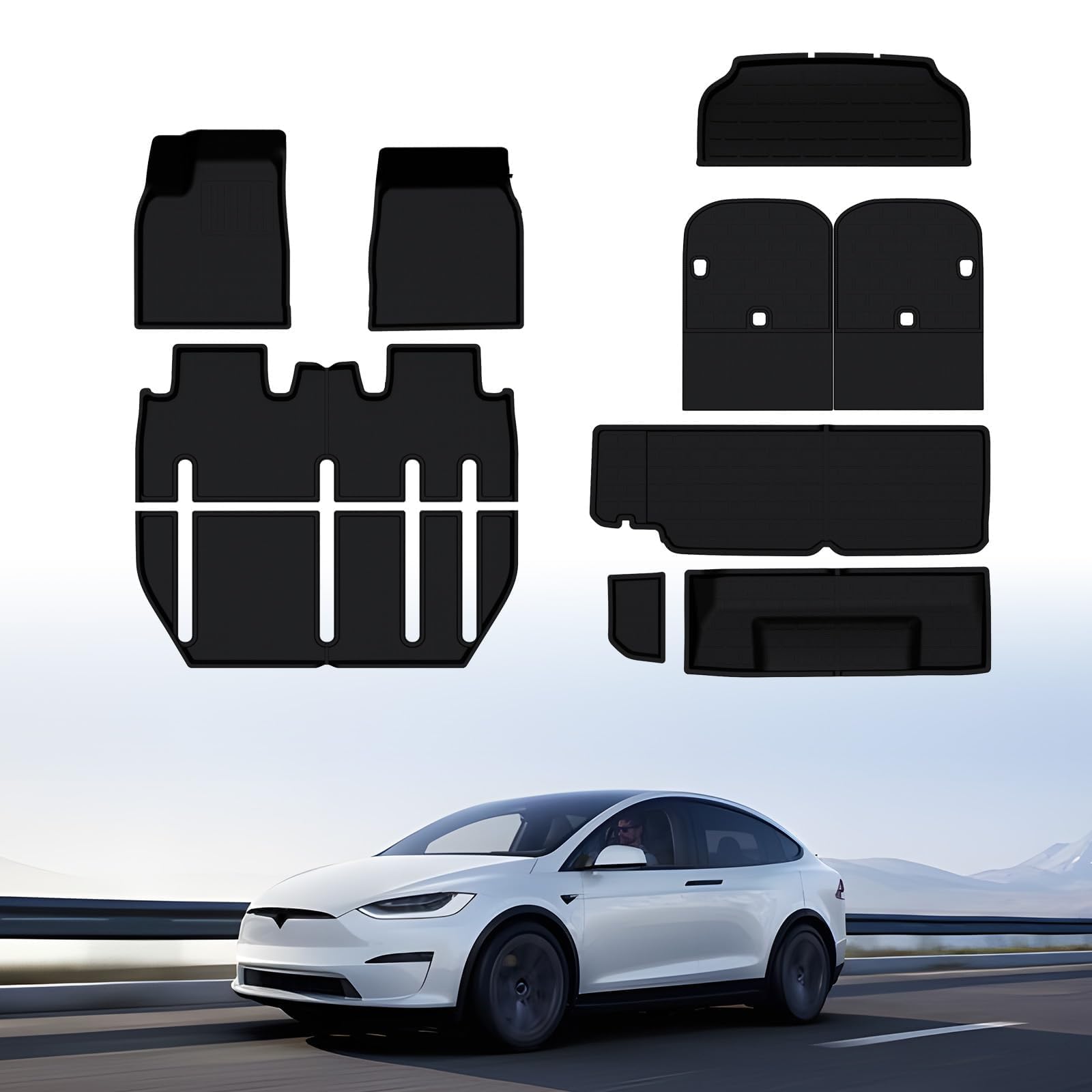 BASENOR 10PCS Tesla Model X Floor Mats 7-Seater All Weather Cargo Liner Mat XPE Car Mats Anti-Slip Trunk Mat Back Seat Cover Model X Plaid Accessories 2022-2025