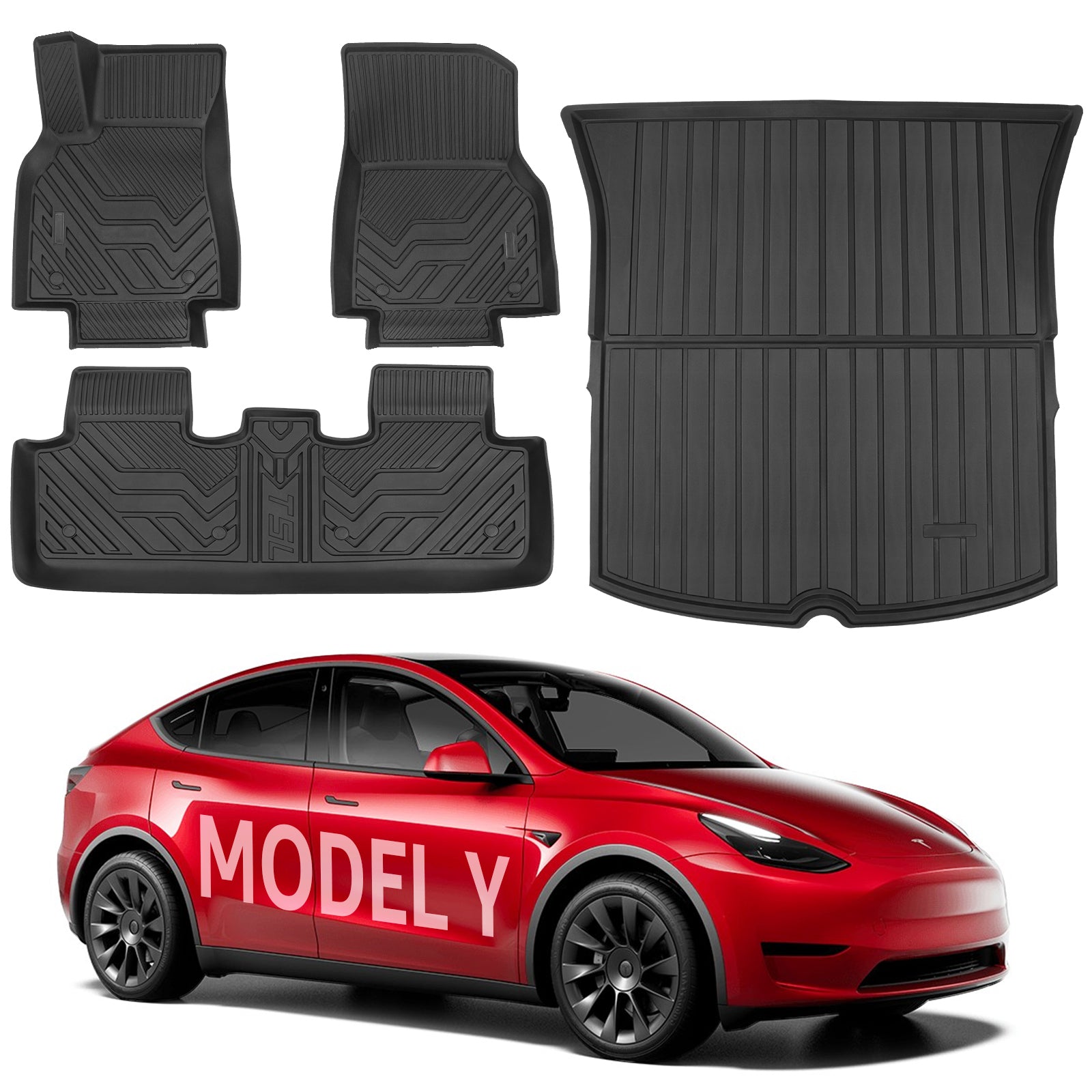 BASENOR 4PCS Tesla Model Y Floor Mats TPE All-Weather Floor Liners & Trunk Mat Set Rear Cargo Liner Interior Accessories for 5-Seater Model Y 2020-2023