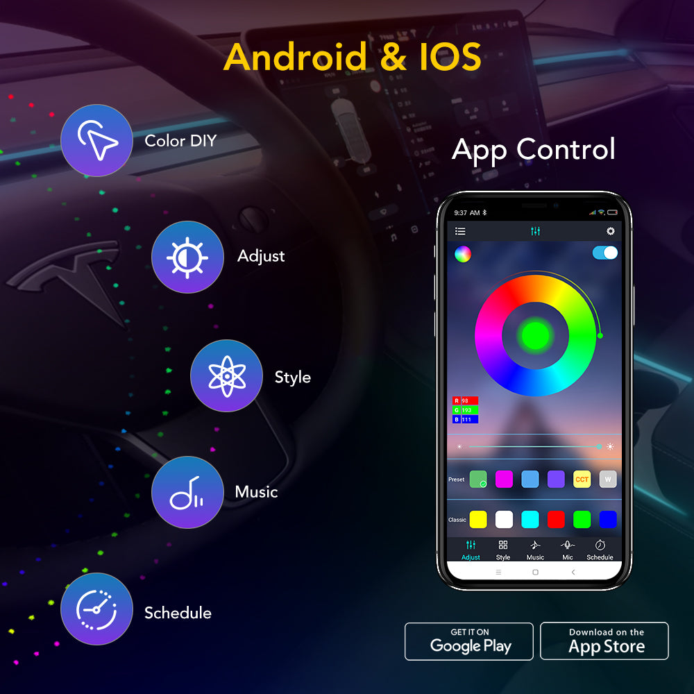 BASENOR Neon Light Tubes RGB Interior LED Strip Lights for 2023 2022 2021 Tesla Model Y Model 3