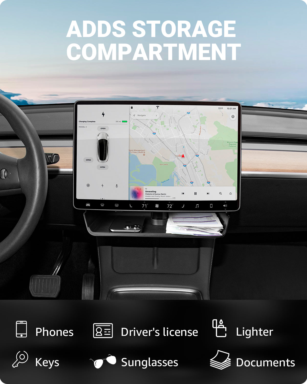 Basenor Tesla Model Y Model 3 Center Console Organizer Tray Under Screen Organizer Box Non-Slip No Adhesive Interior Accessories for Model Y/3