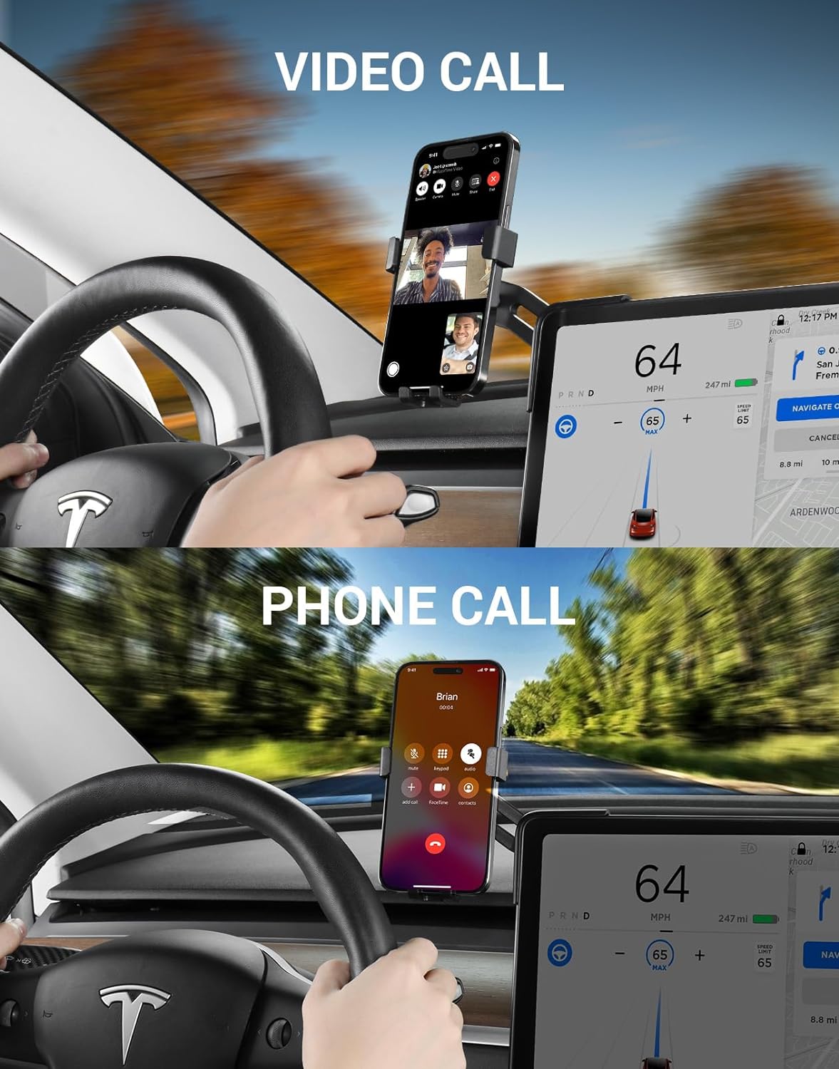 BASENOR Tesla Phone Mount Holder Model 3 Model Y Strong Adhesion 360° Adjustable Cell Phone Stand Tesla Interior Accessories Fit for All iPhone & Most Android (Not Fit 2024 Model 3)