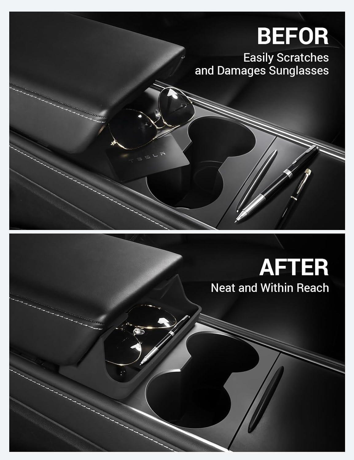 BASENOR Tesla Model 3 Model Y Center Console Sunglasses Holder Armrest Box Silicone Eyeglasses Storage Box Key Card Phone Holder 2021-2024 Accessories Internal Fit for Model 3 Y with Refresh Console