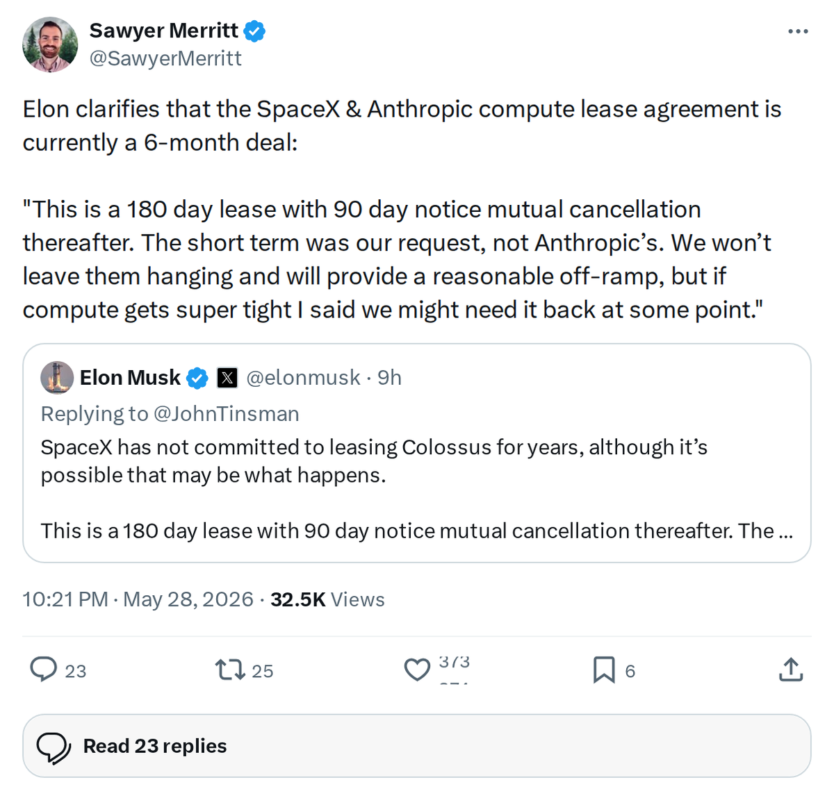 Elon Clarifies SpaceX-Anthropic Compute Deal: 6-Month Lease