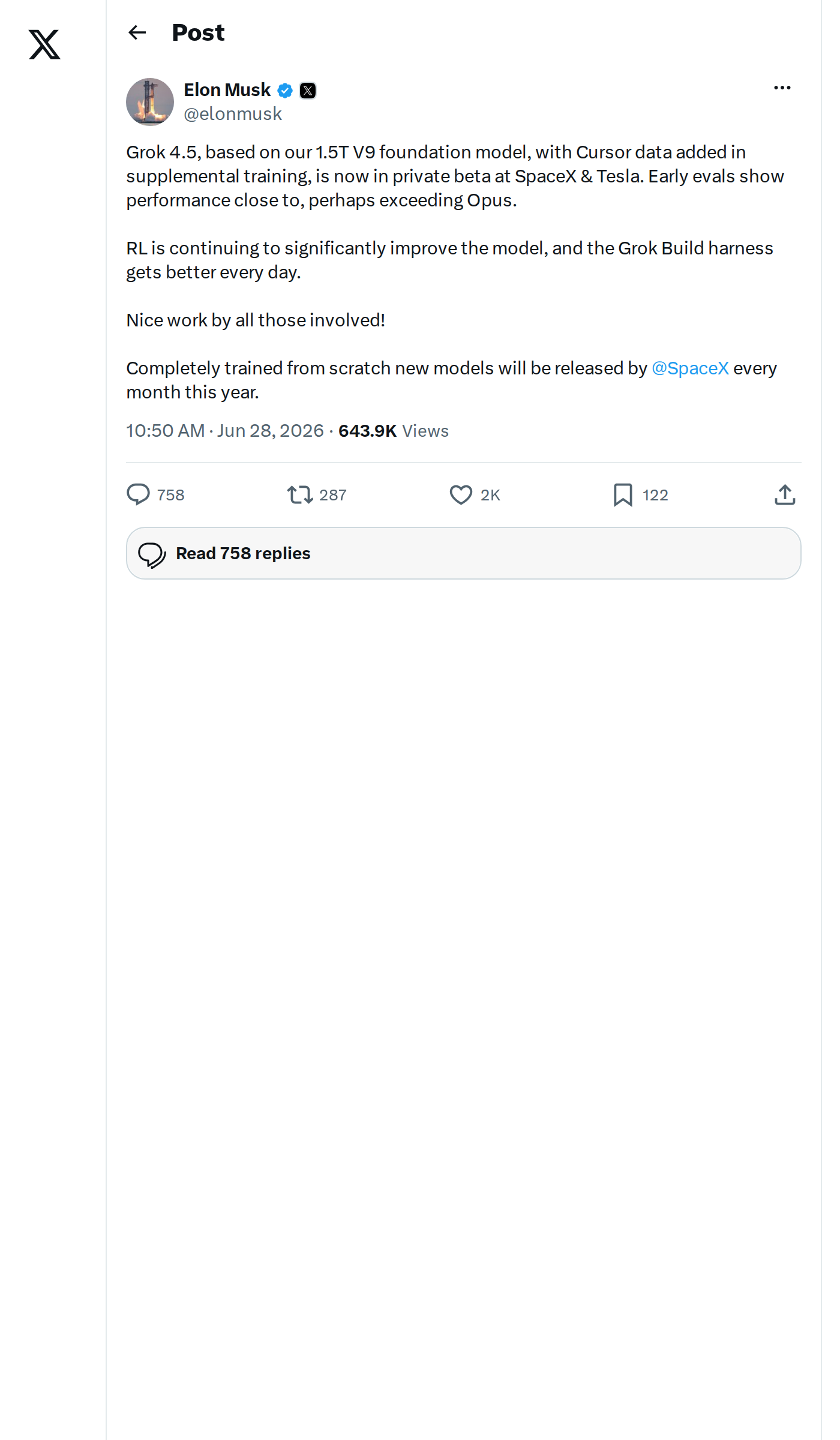 Grok 4.5 Enters Private Beta at Tesla and SpaceX
