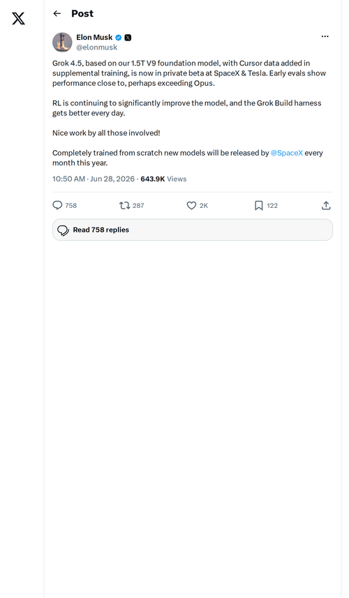 Grok 4.5 Enters Private Beta at Tesla and SpaceX