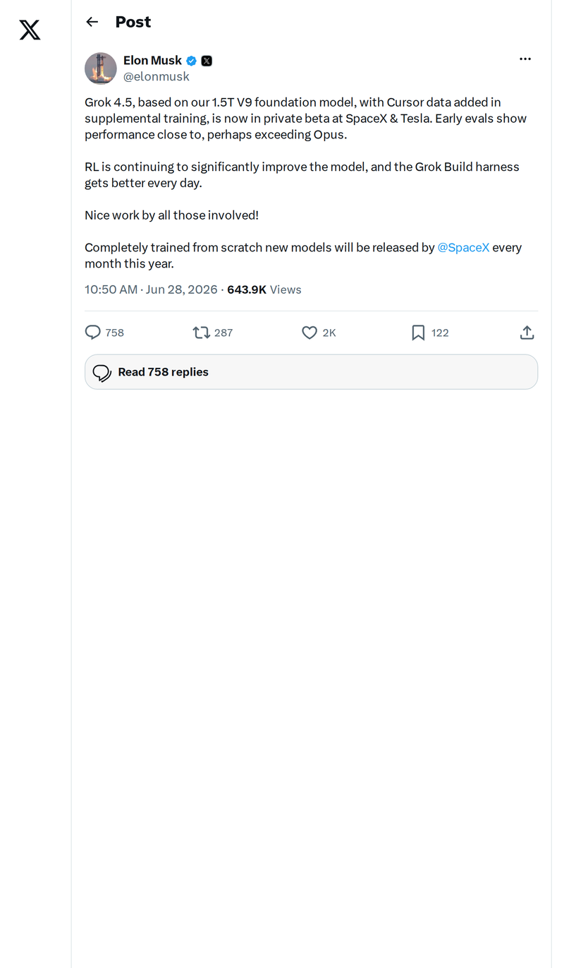 Grok 4.5 Enters Private Beta at Tesla and SpaceX