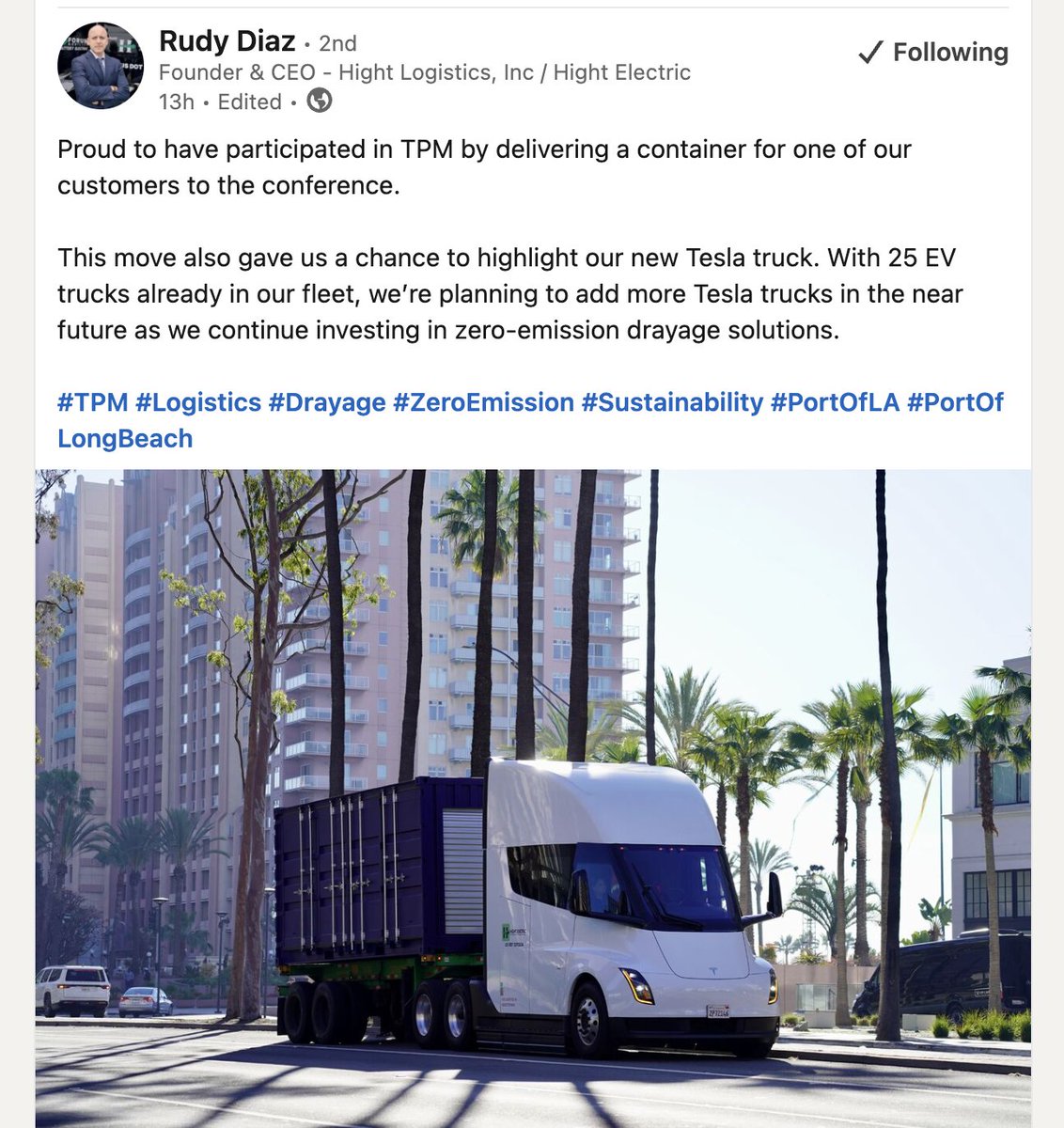 Hight Logistics Adds Tesla Semi to Fleet, Plans More Trucks