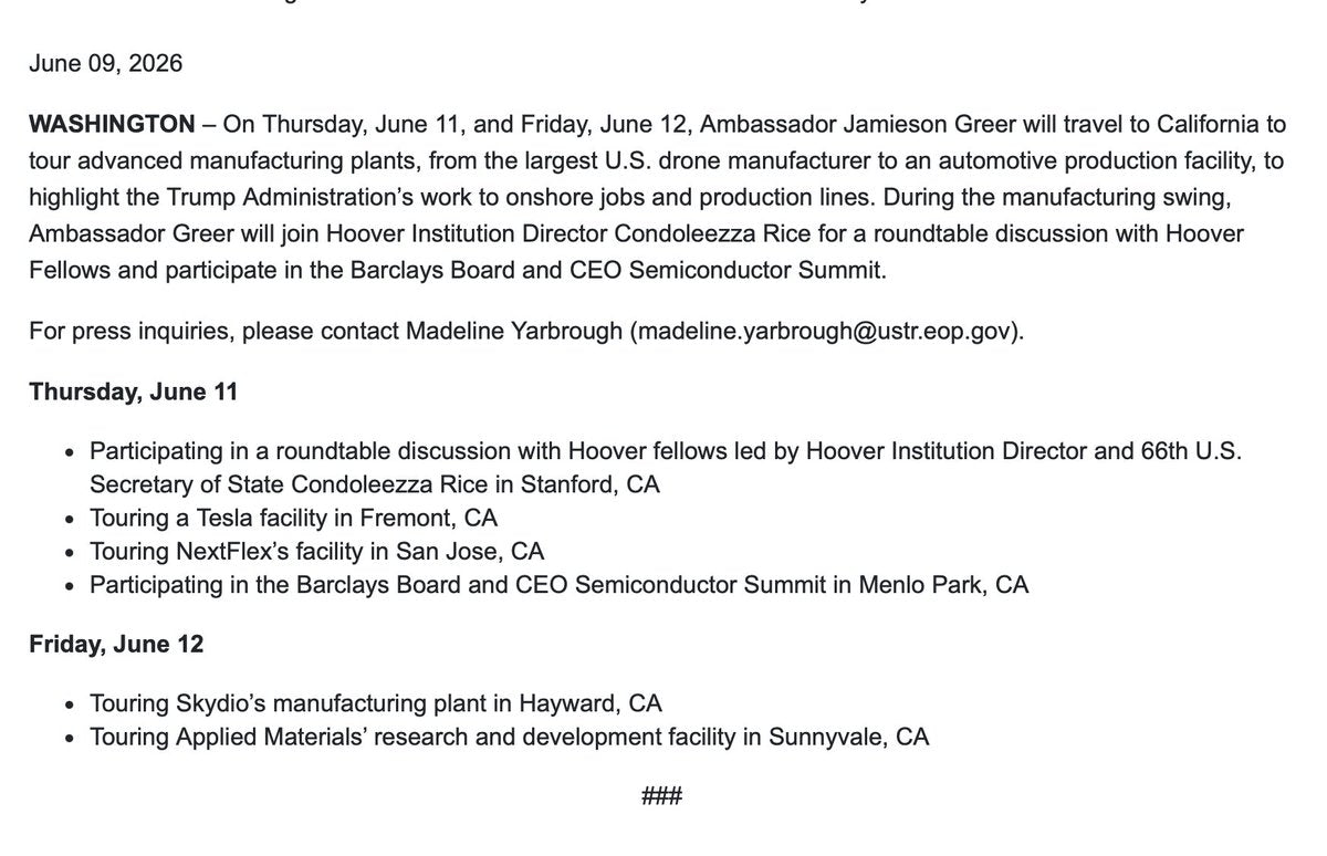 US Trade Rep to Tour Tesla Fremont Factory This Thursday