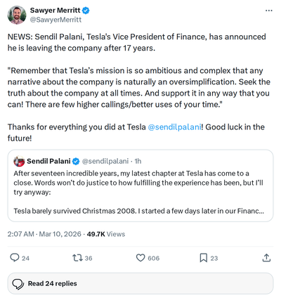 Tesla VP of Finance Sendil Palani Departs After 17 Years