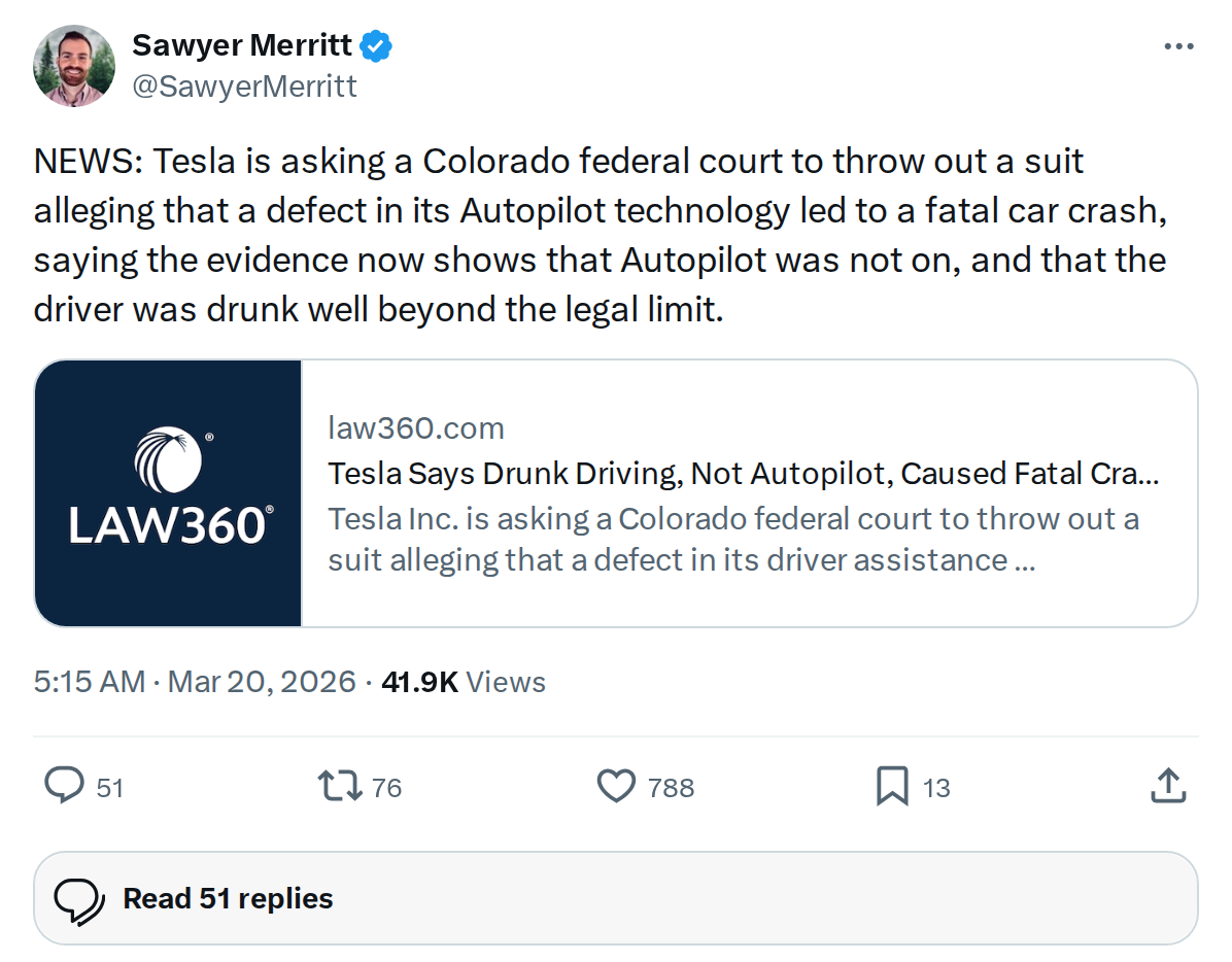Tesla Moves to Dismiss Autopilot Lawsuit: Driver Was Drunk, System Was Off