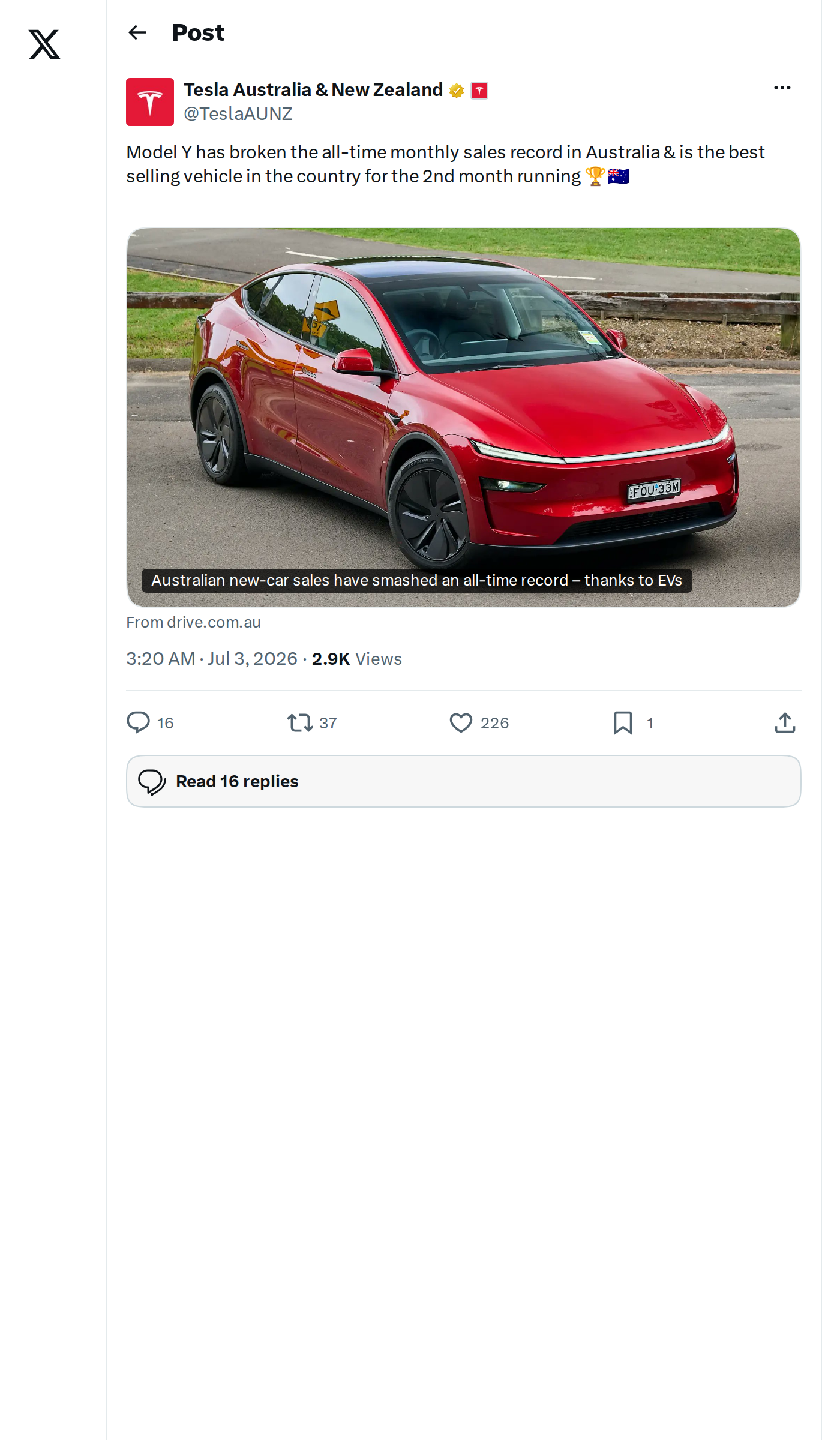 Tesla Model Y Breaks All-Time Sales Record in Australia