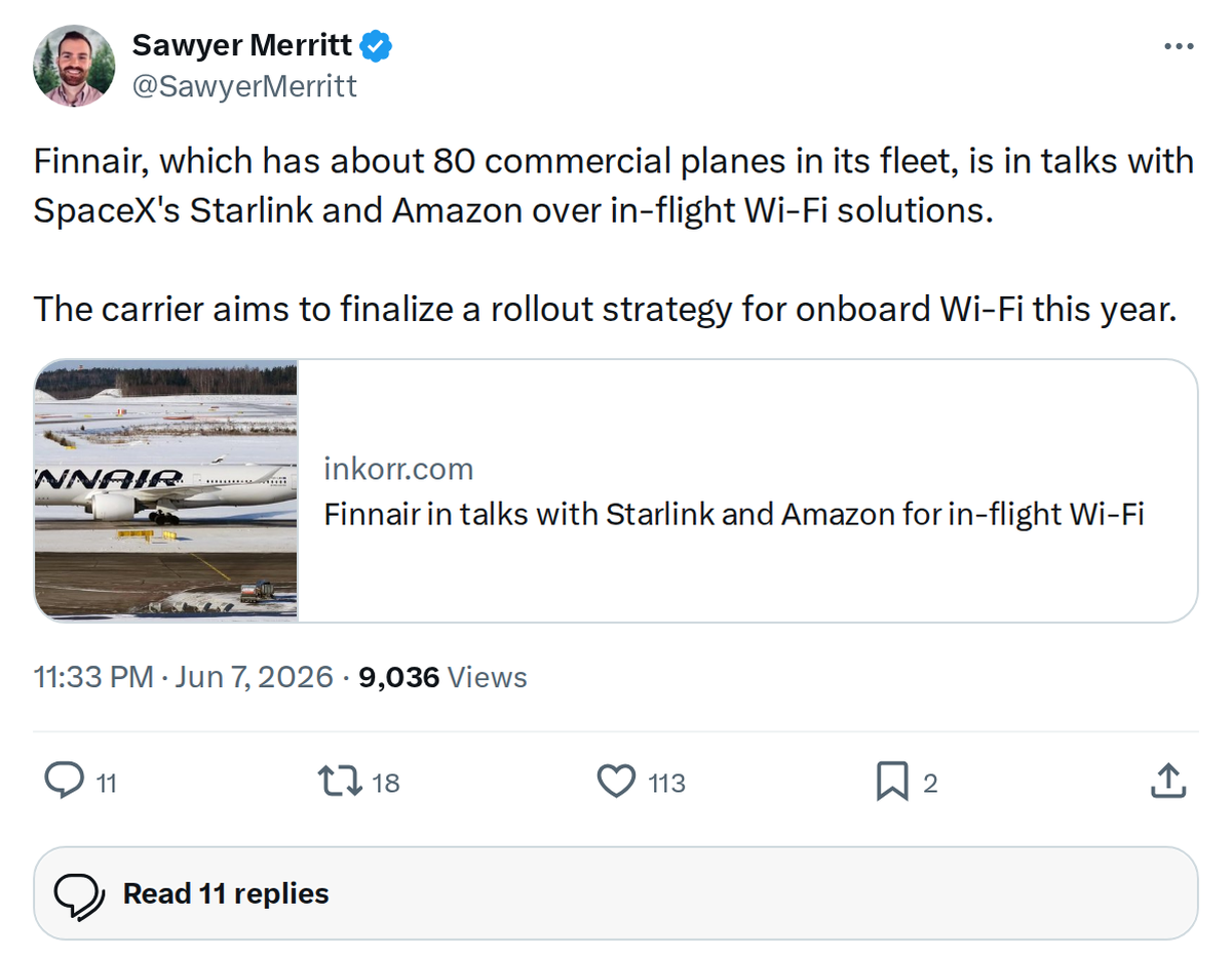 Finnair in Talks with Starlink and Amazon for In-Flight Wi-Fi