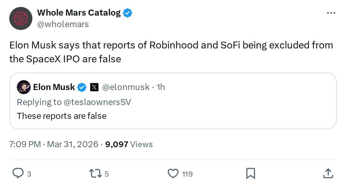 Elon Musk Denies SpaceX IPO Exclusion Reports for Robinhood, SoFi